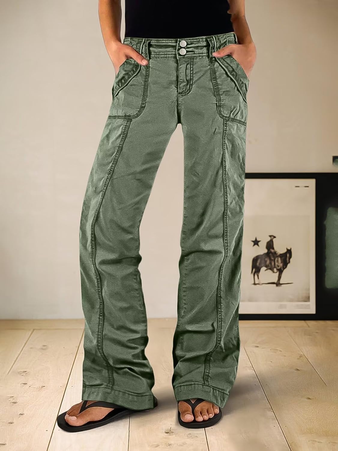 Flamingals Straight Leg Pants for Women Mid Rise Baggy Cargo Dual Button Patch Pocket Casual Pants - Image 3