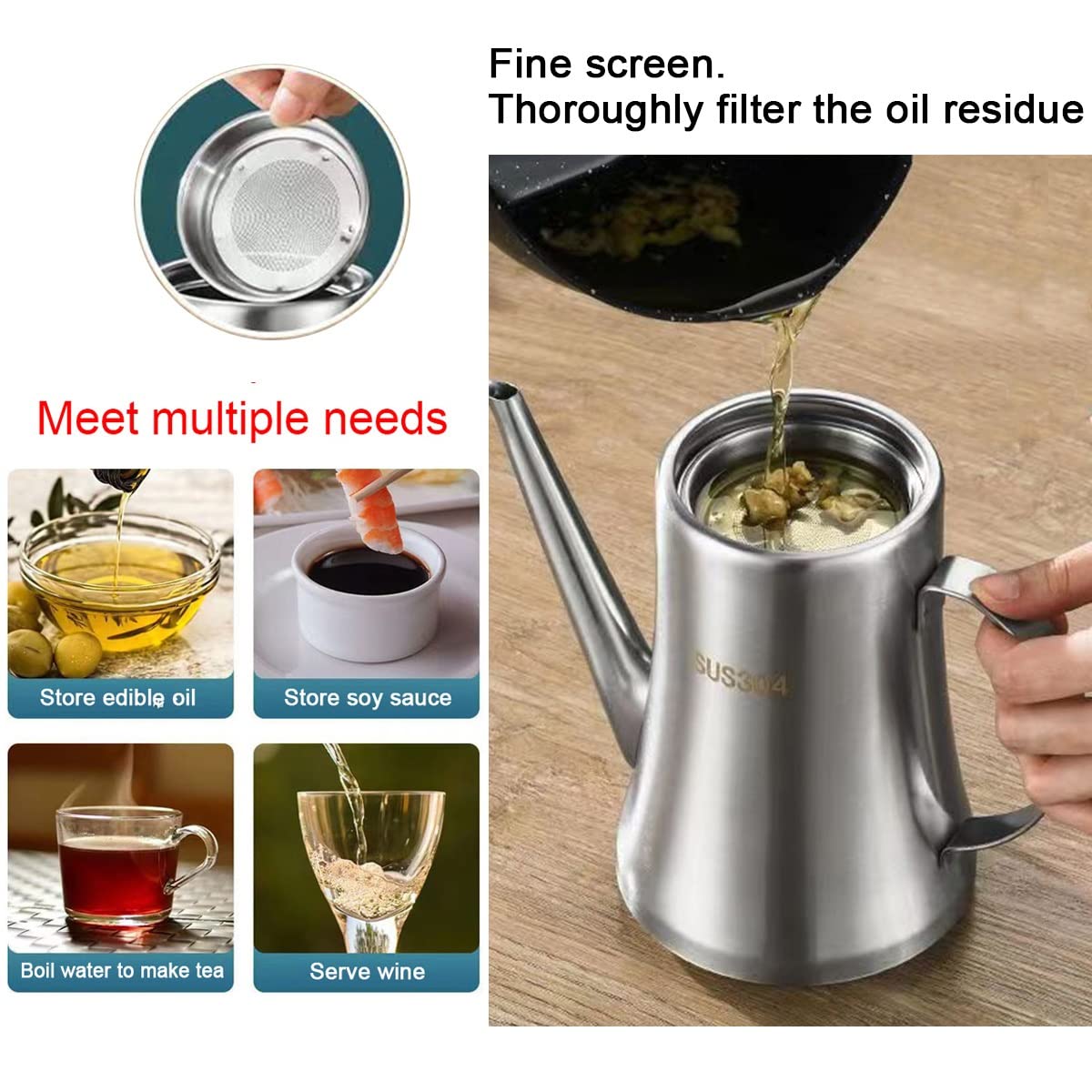 Bottiglia dispenser per olio, in acciaio inox, contenitore per olio da cucina con filtro a perdite, ideale per olio d'oliva, salsa di soia e aceto, essenziale per la cucina per chef