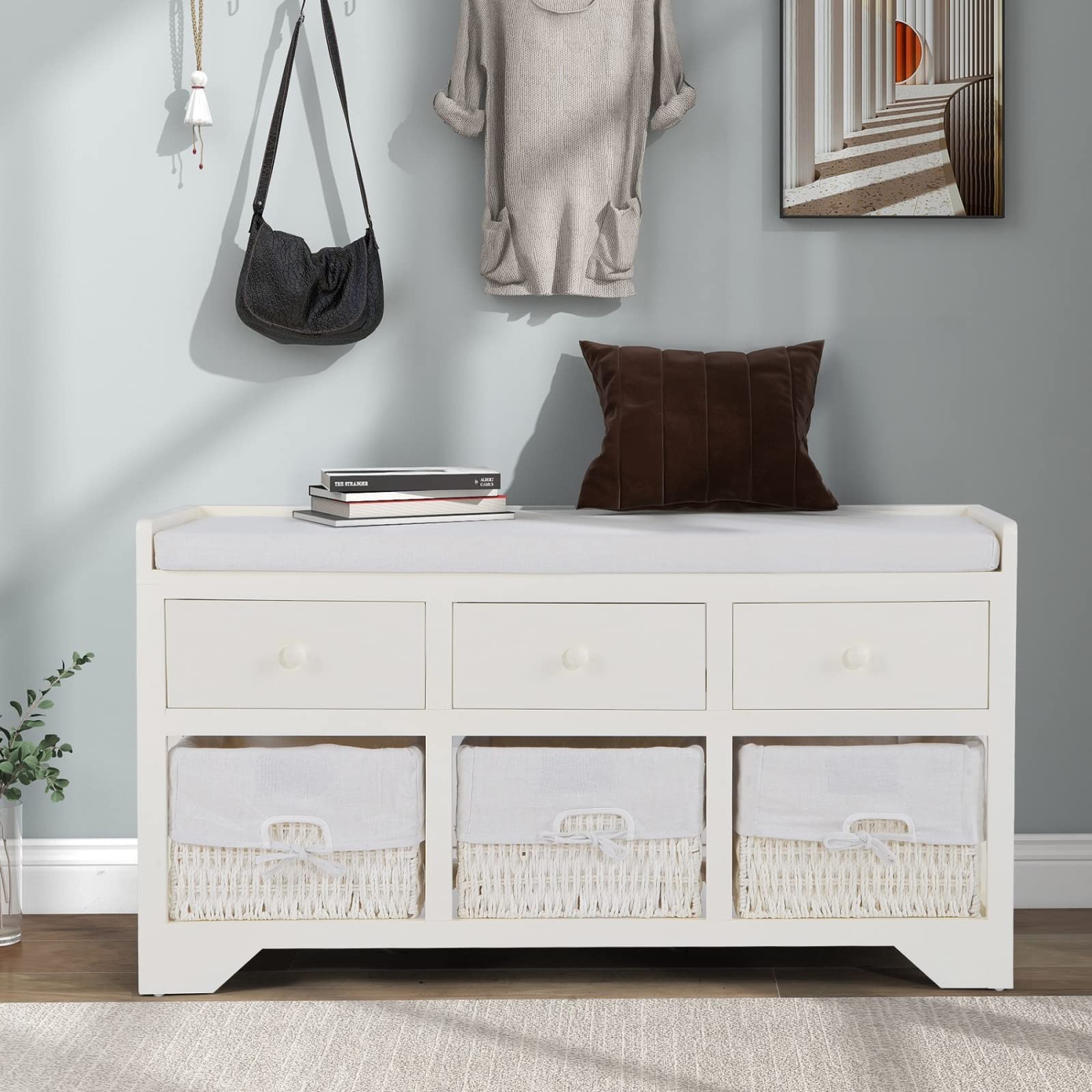 Banc de rangement blanc à 6 tiroirs et sièges amovibles pour entrée fonctionnelle