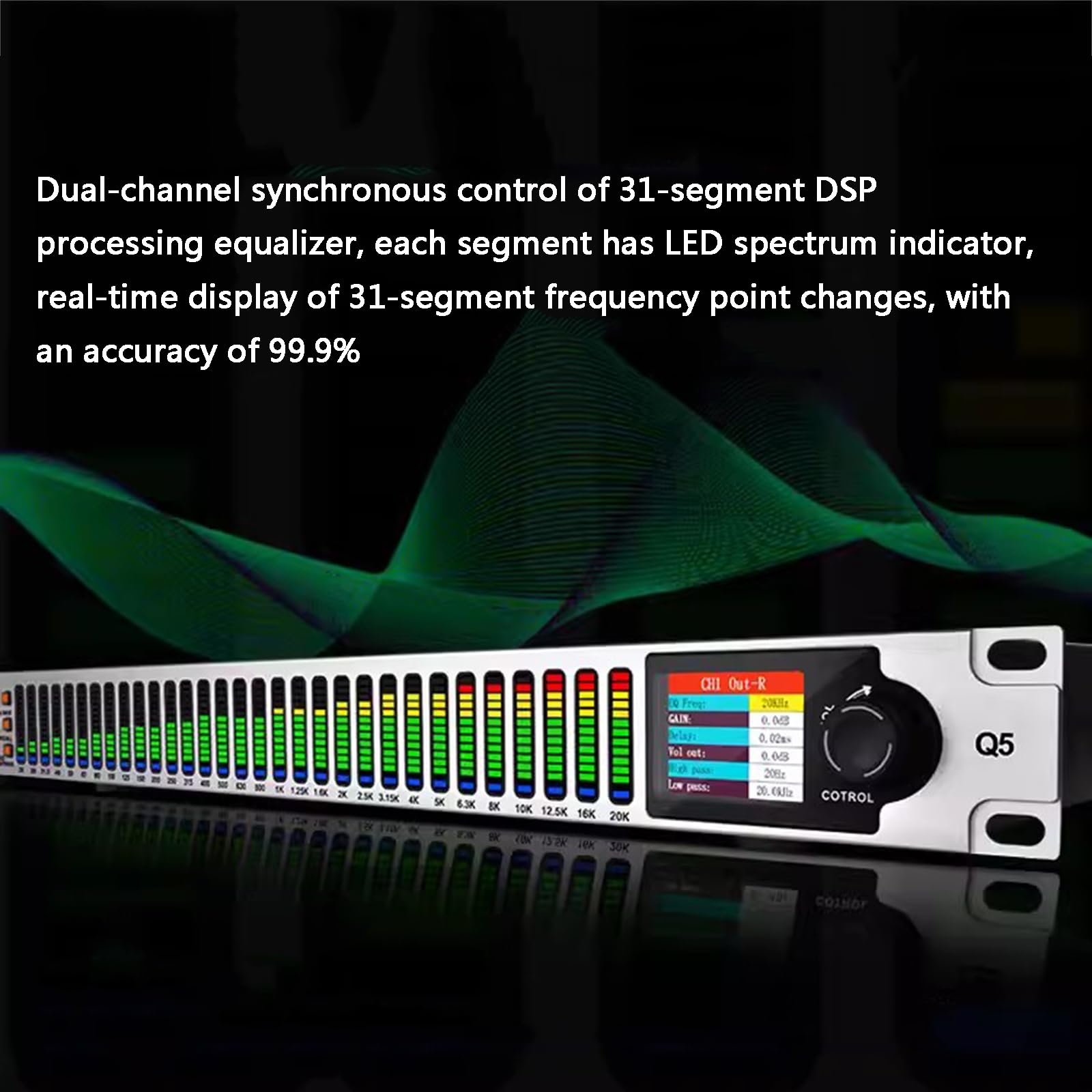 31-pasmowy korektor graficzny stereo do domowego audio, 2-kanałowy wzmacniacz, wyświetlacz spektrum LED, 16 zaprogramowanych efektów, automatyczna redukcja szumów