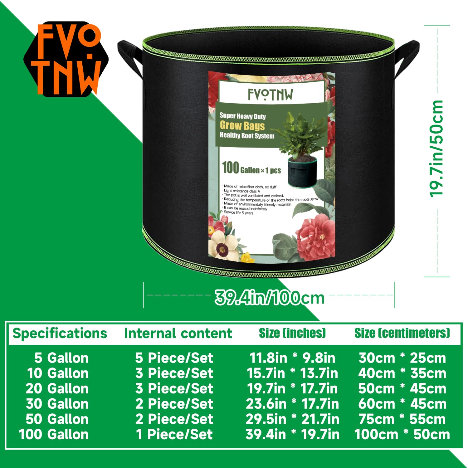 Paquete de 1 bolsa de cultivo de plantas de 100 galones, macetas de tela no tejida gruesa con asas, macetas de jardín duraderas para aireación de plantas, verduras y flores