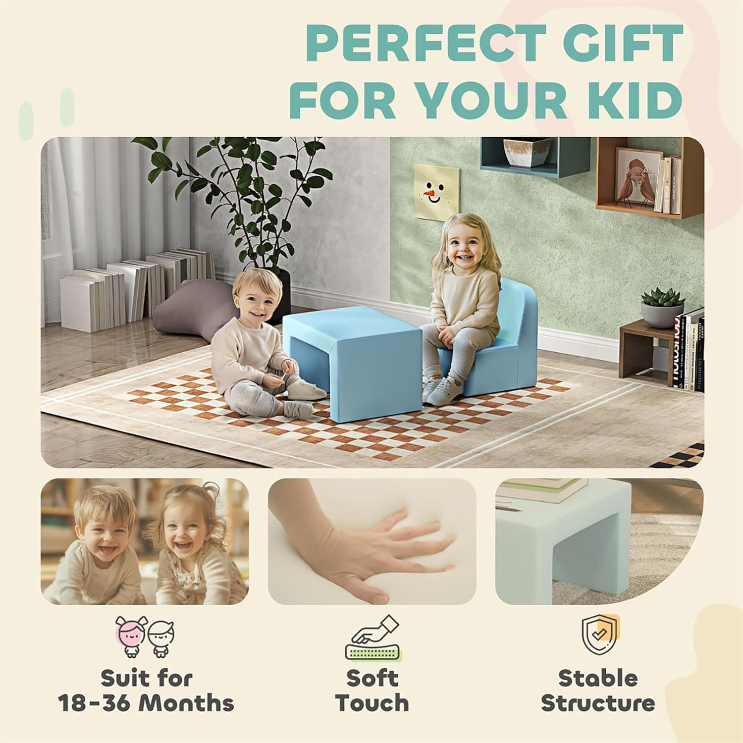 Convertible Light Blue Armchair - Transforms into Desk and Chair Set for Little Ones
