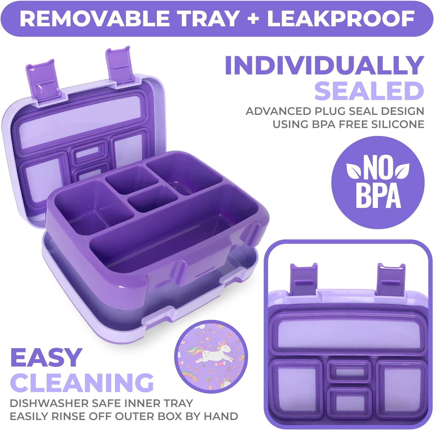 kinsho Bundle of Bento Lunch Box for Kids Toddlers Girls Ages 3 to 5, (Purple Unicorn) + Lunch Bag for Girls with Ice Pack (Purple Unicorn)