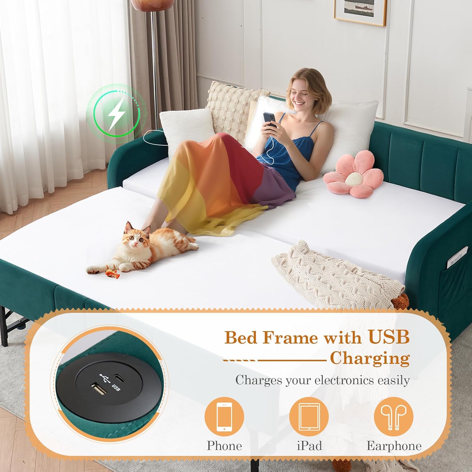 Twin to King Daybed with Pop Up Trundle, Velvet Upholstered Daybed Frame with USB Charging & Wood Slats, Modern Sleeper Sofa Bed for Adult Kid Room Bedroom Guest Room, No Box Spring Needed, Emerald