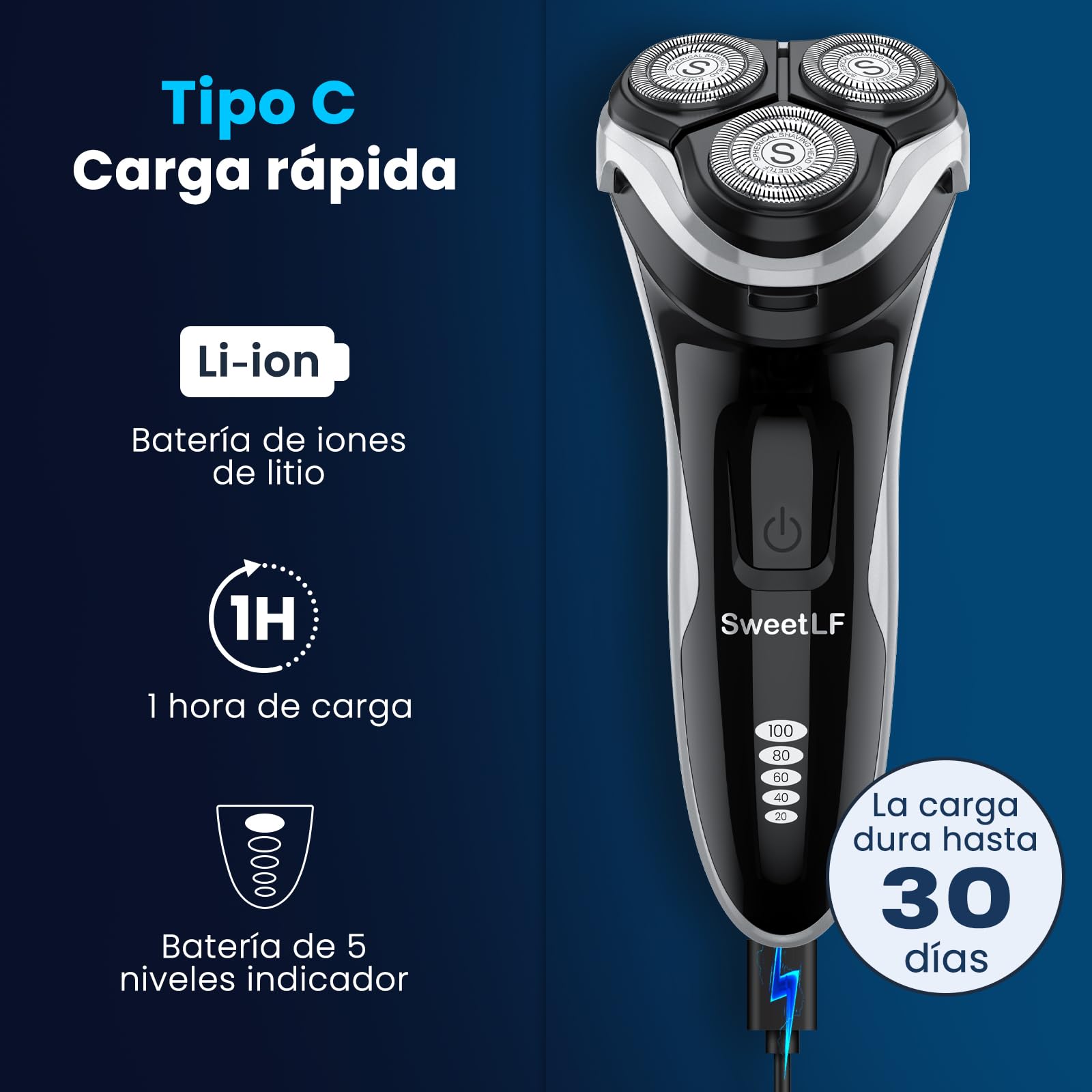 SweetLF Afeitadora Eléctrica Hombre Uso en Húmedo y Seco, Maquina de Afeitar Recargable con Tecnología Impermeable IPX7, con Recortador de Barba