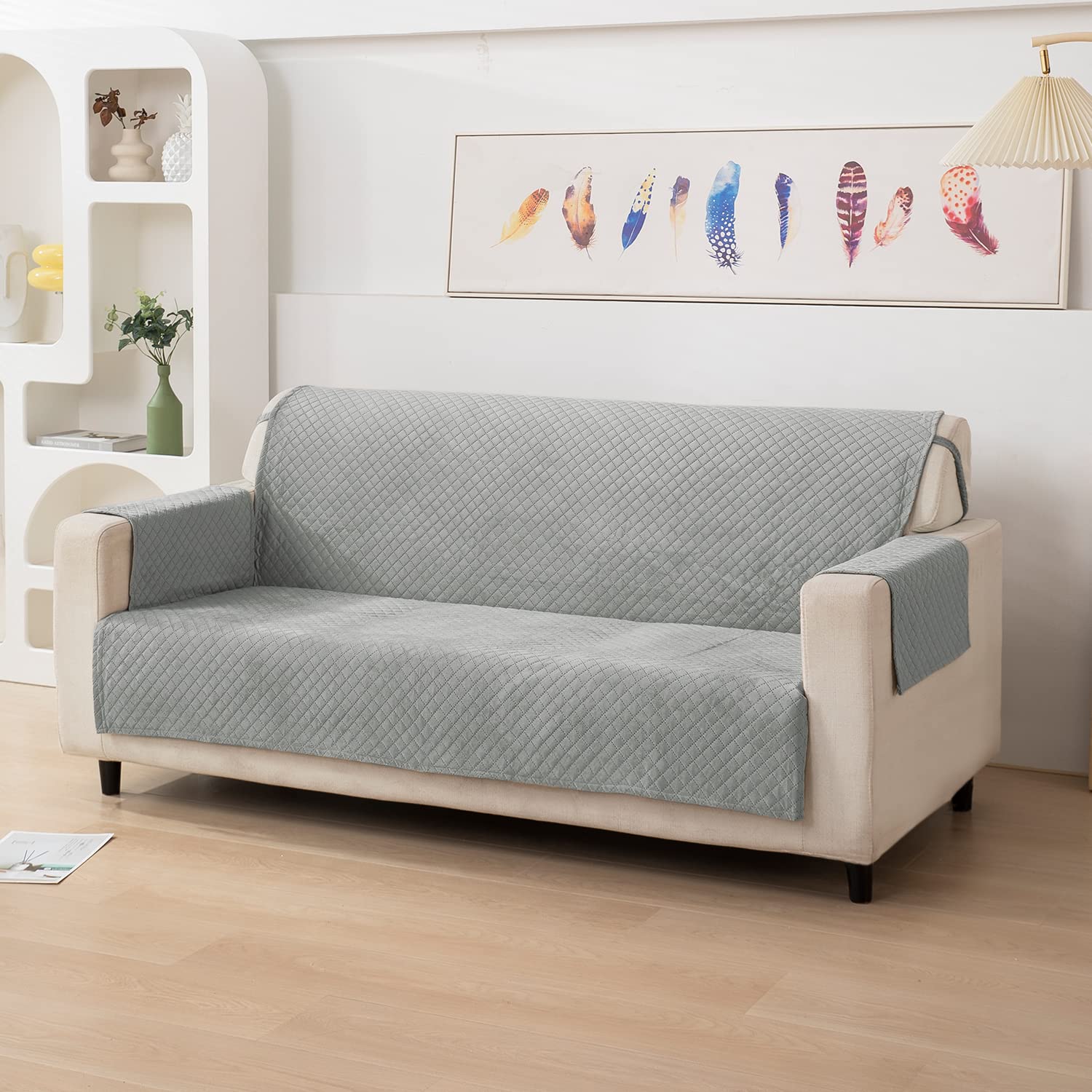 HOKIPO 3 Seater Quilted Velvet Sofa Cover Protector, 170x184 cm, Fossil