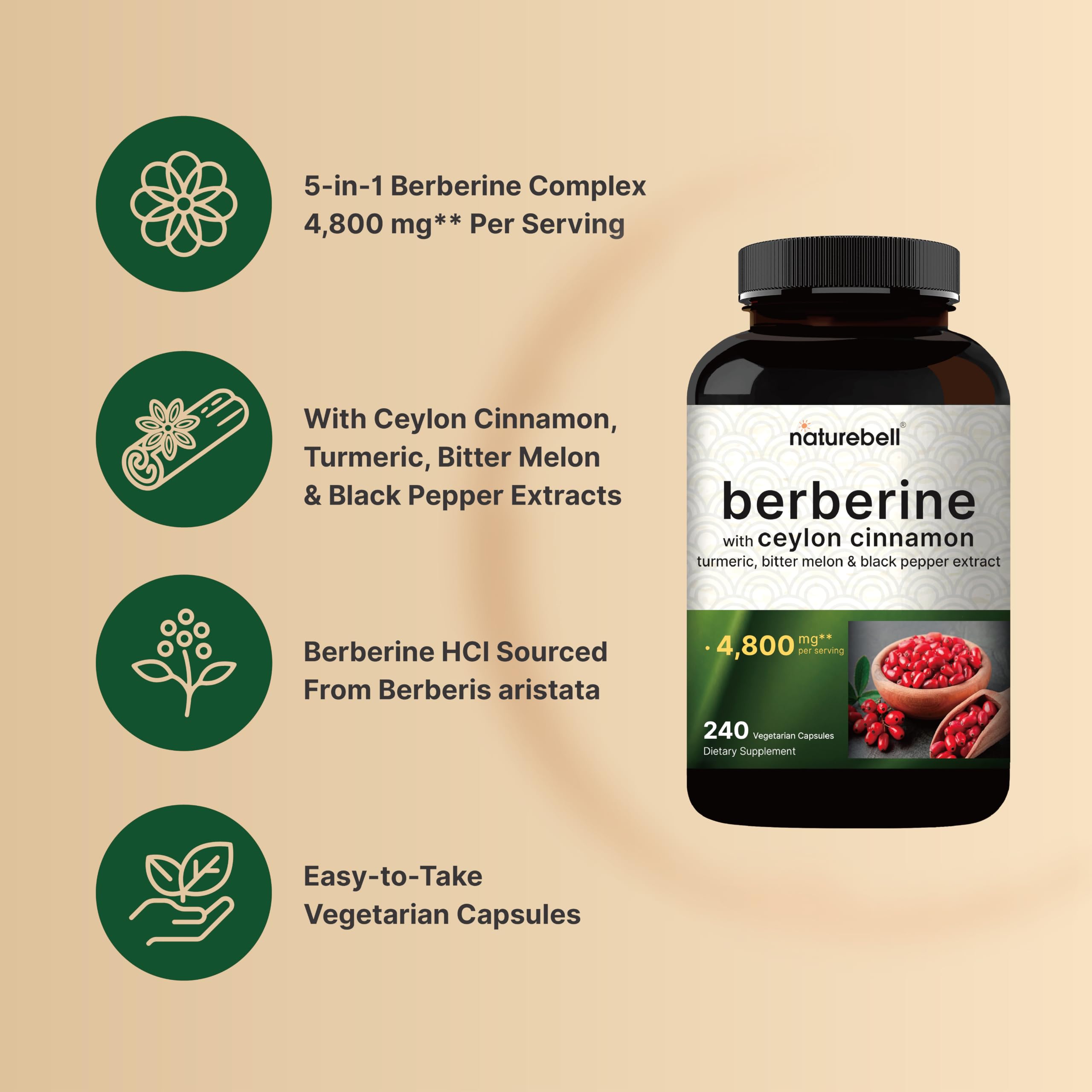 NatureBell Berberine with Ceylon Cinnamon Complex 4,800 mg** Per Serving, 240 Vegetarian Capsules | 5-in-1 Berberine HCl Supplement with Turmeric, Bitter Melon & Black Pepper Extract | Non-GMO — Amazon image 3