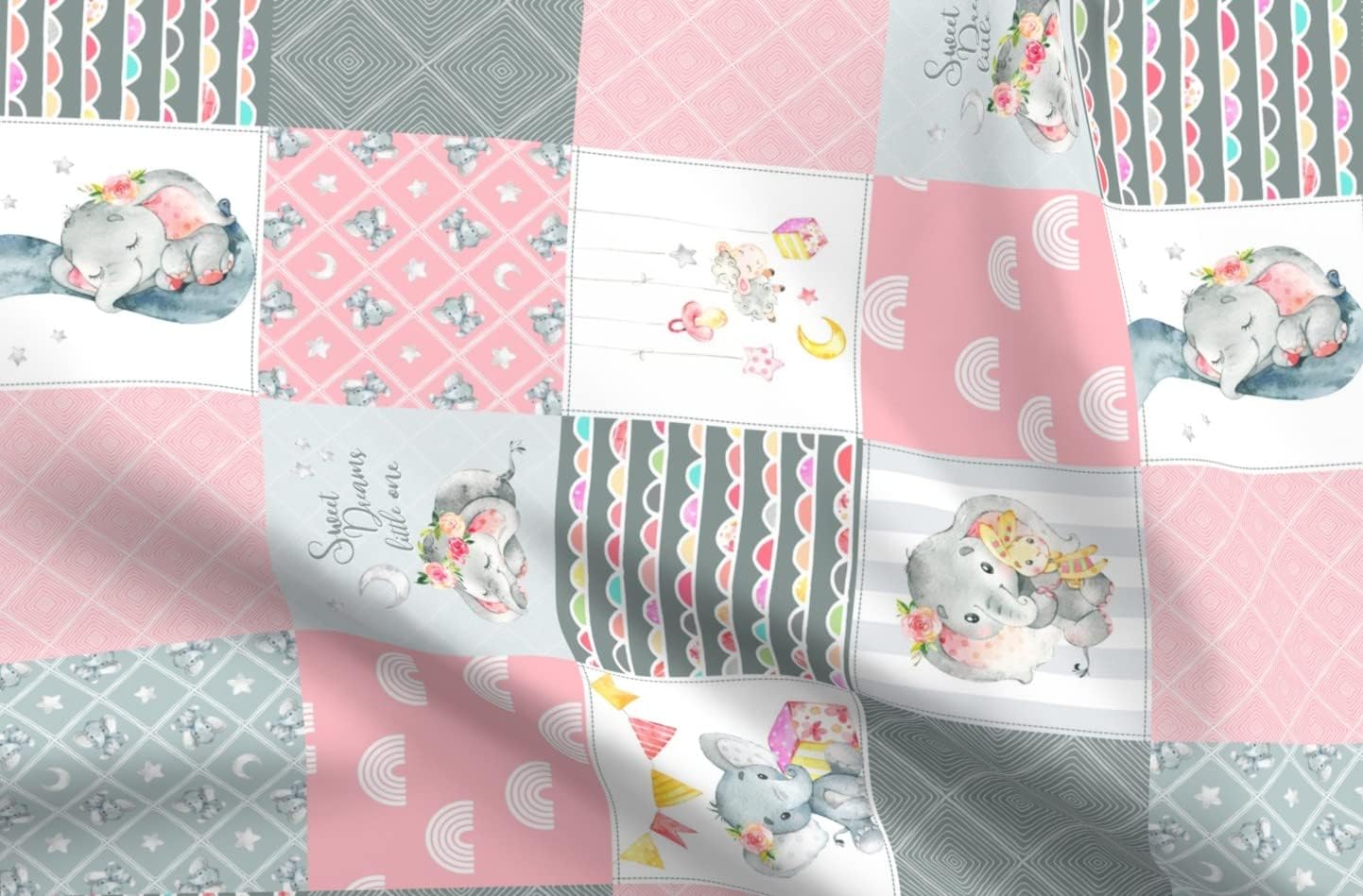 Spoonflower Fabric - Elephant Wholecloth Cheater Quilt Patchwork Rotated Pink Blue Gray Printed on Organic Cotton Sateen Fabric by The Yard - Sewing Quilting Apparel Home Decor
