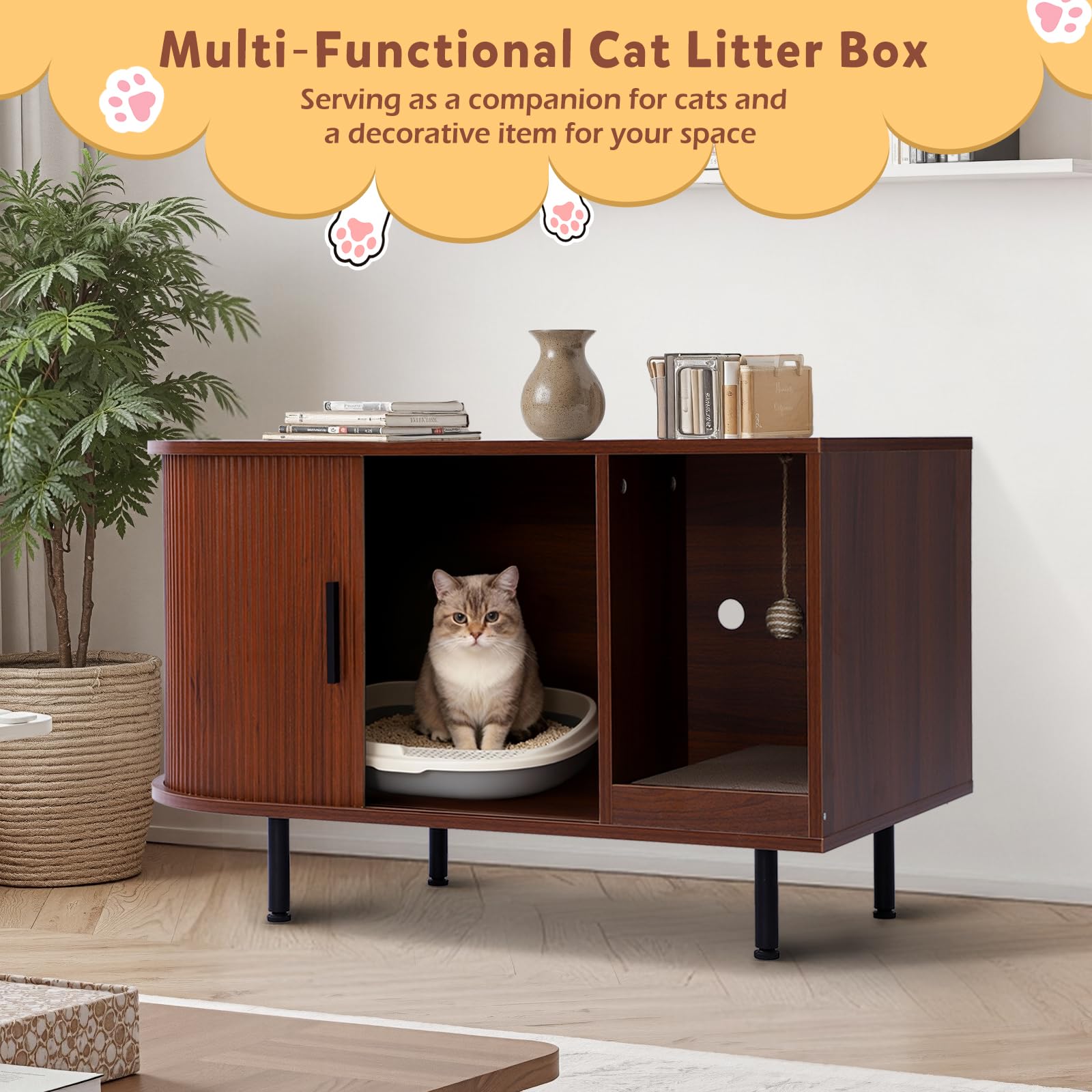 Cat Litter Box Furniture, Hidden Litter Box Cabinet with Cat Scratch Pad and Ball, Wooden Cat House Enclosure for Living Room, Bedroom, Entrance (Brown, 37.4" L x 16.6" W x 21.7" H) - image 5