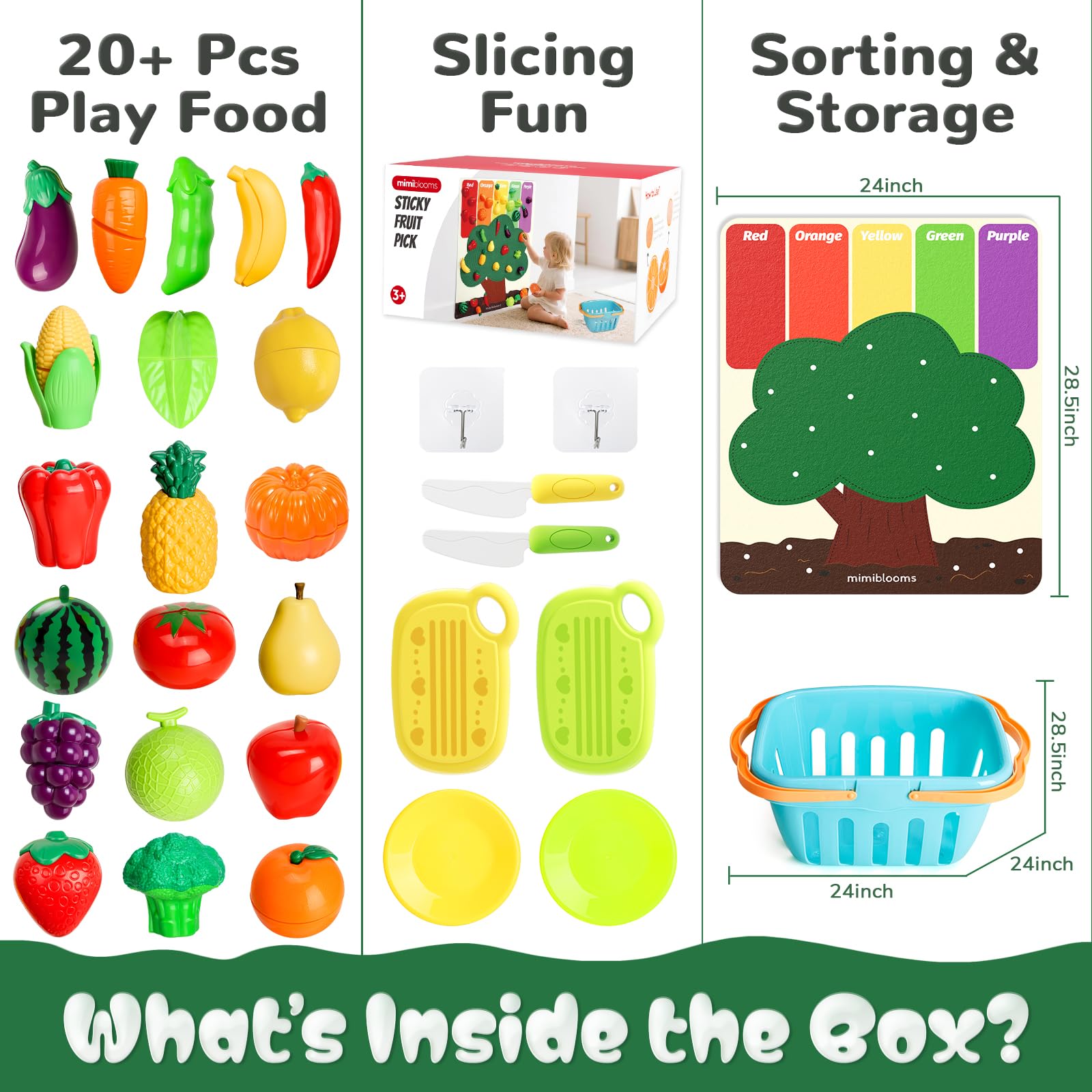 SOCBTNSO Essens-Set mit Filz-Baummatte und Aufbewahrungskorb: Küchenzubehör, Spielzeug, Obst und Gemüse, sensorisches Spielzeug, Montessori-Farbsortierung, Geschenk für 3, 4, 5, 6 Jahre, Kleinkinder