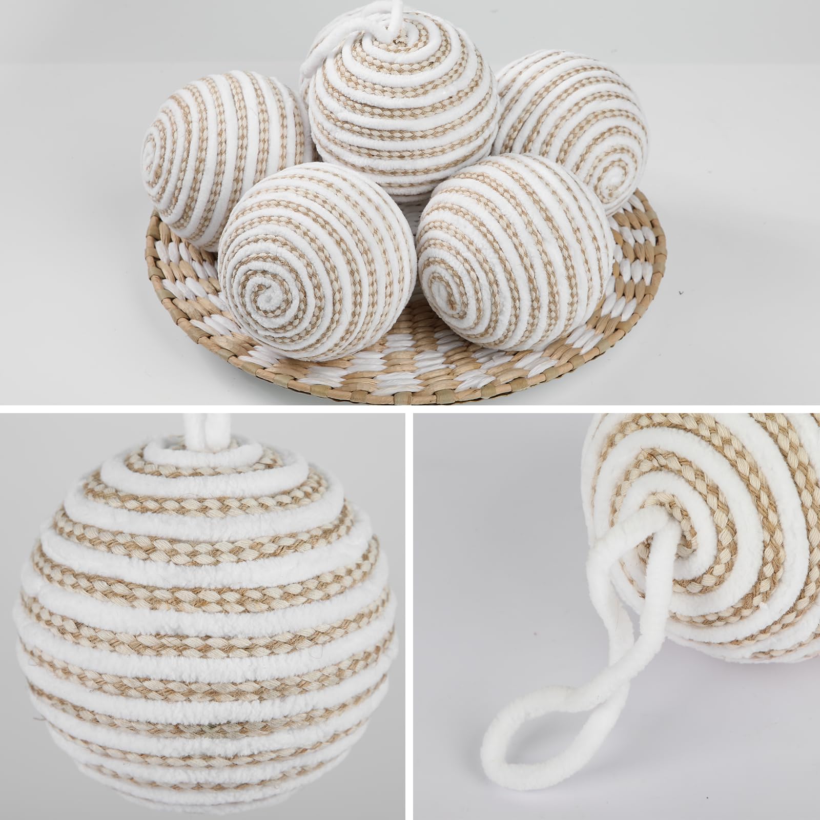 Oairse - Juego de 6 bolas de Navidad de 10 cm, bolas decorativas grandes de alambre blanco y marrón claro para decoración de árbol de Navidad, Halloween, fiesta de fin de año, decoración de mesa