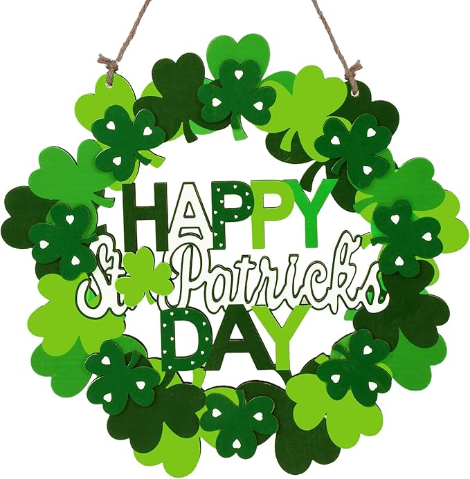 Wooden St. Patrick's Day Shamrock Door Wreath Lucky Welcome Hanging Sign