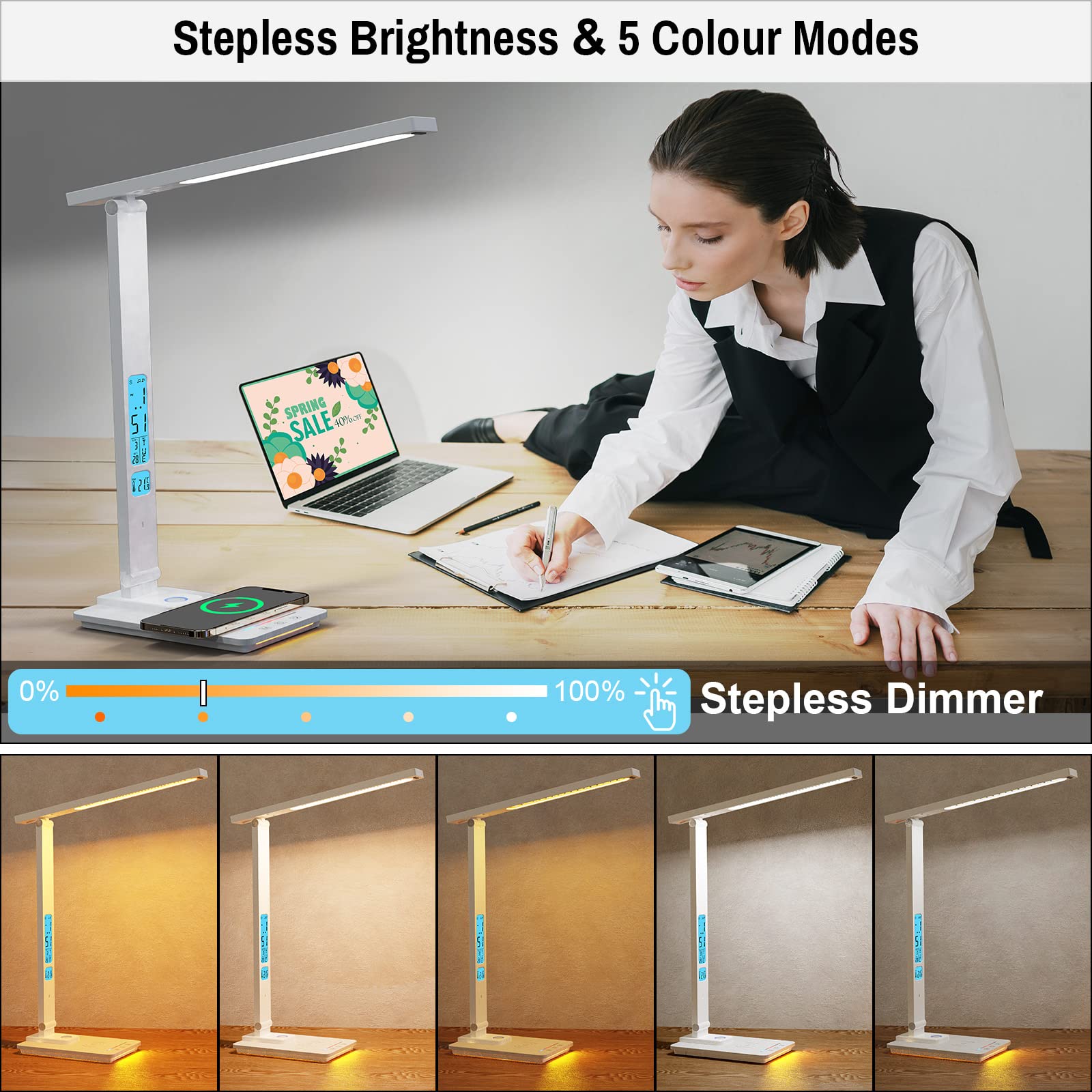 ErayLife Lampada da scrivania LED, lampada da tavolo con ricarica wireless e porta di ricarica USB, protegge l'occhio, pieghevole, controllo touch, timer, Caricabatterie wireless