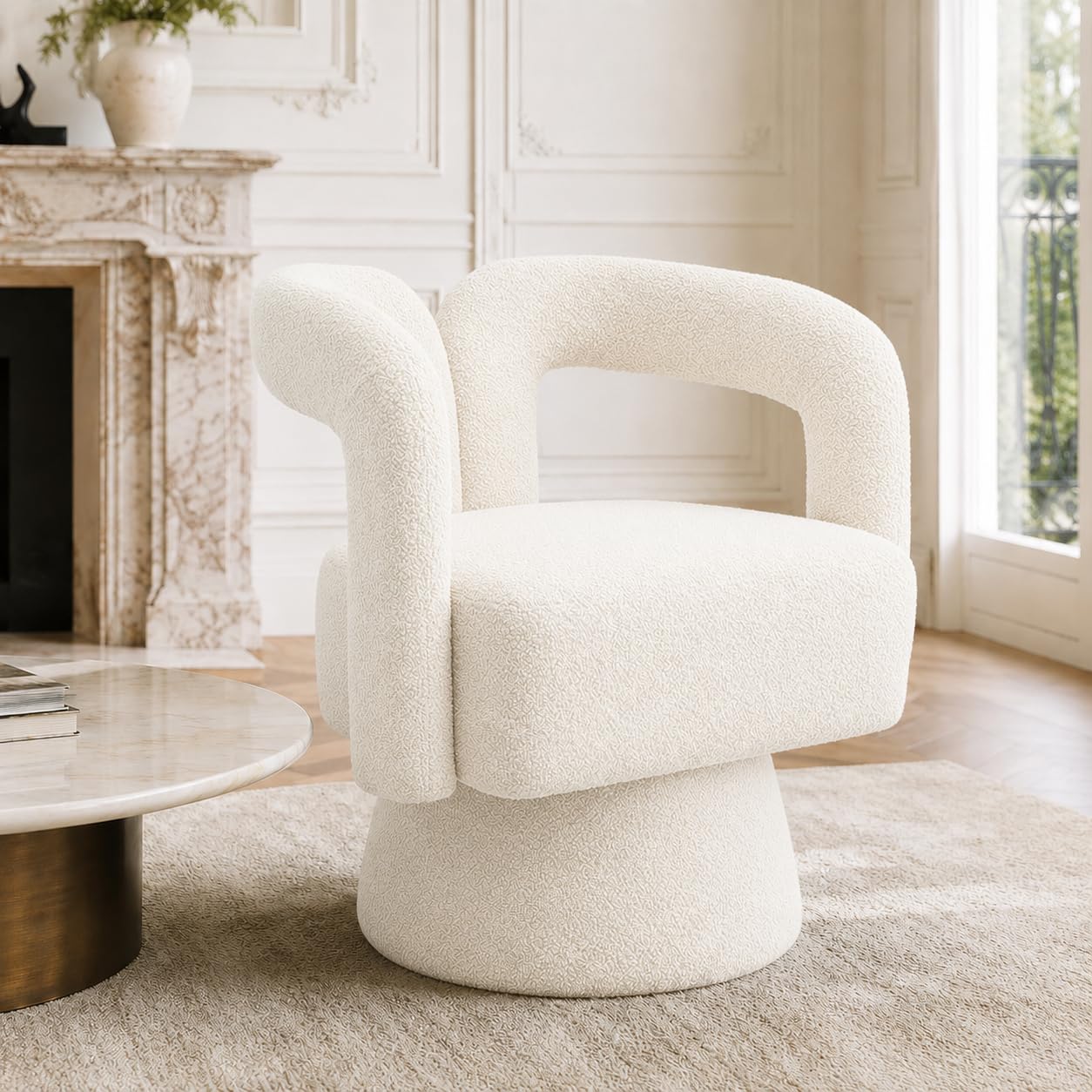 360 Grad Drehbare Kuschelfass-Akzentstühle, runde Sessel mit breiter Polsterung, Flauschiger Stoffsessel für Wohnzimmer, Schlafzimmer, Büro, Warteräume, Beige