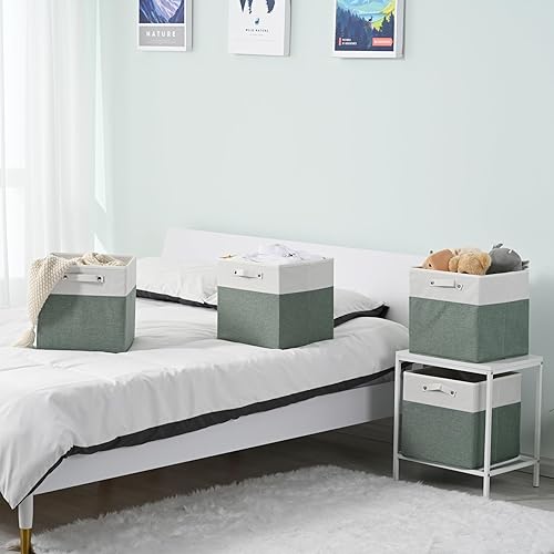 Miniatura 2 de Contenedores de almacenamiento de lino fino de 13 x 13 pulgadas con asas, cajas de cubo de tela, organizadores de cestas plegables para estantes