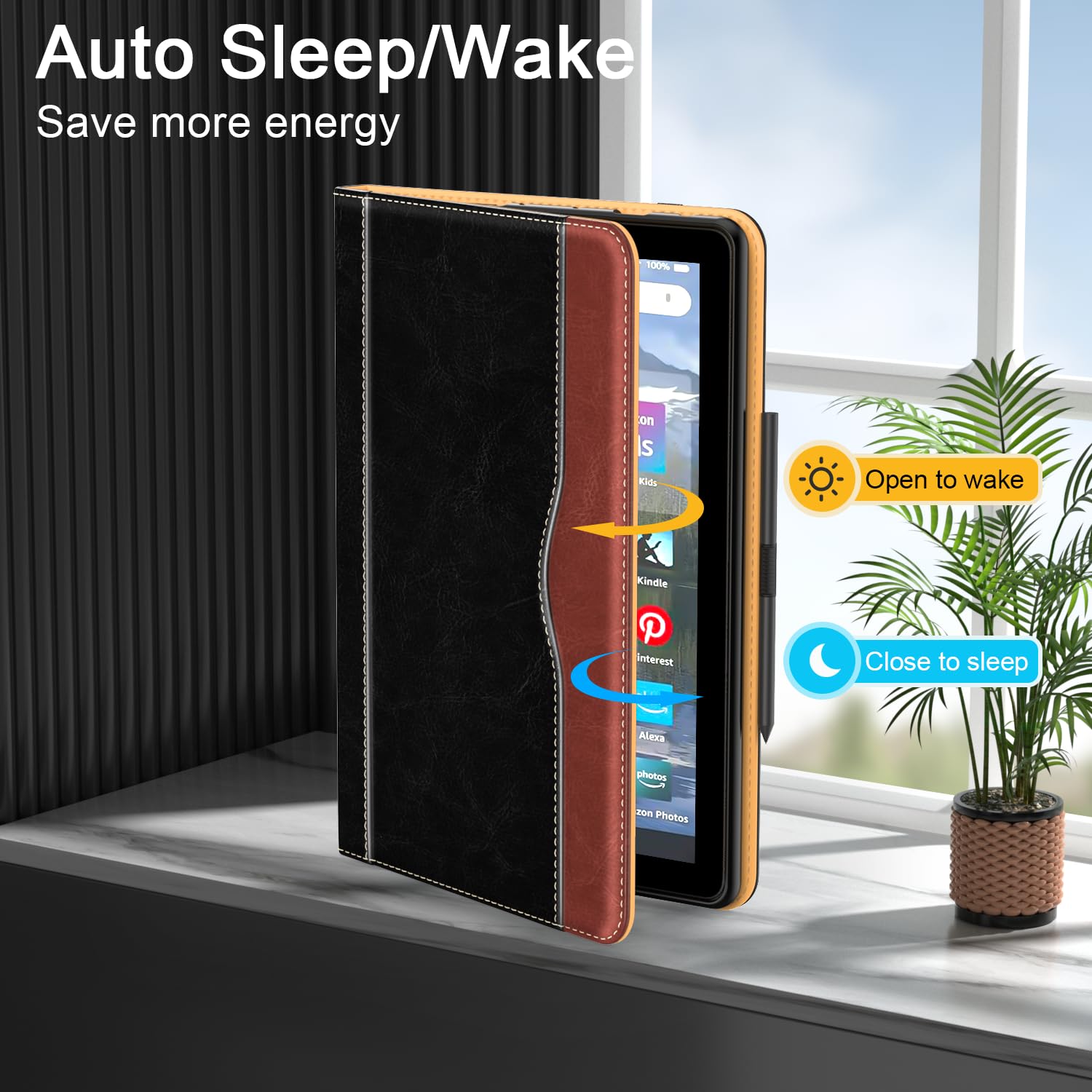 ZoneFoker per tablet Amazon Fire HD 10 (13a/11a generazione 2023/2021), custodia a libro in pelle PU con funzione di accensione/spegnimento automatico, con tasca/supporto multiangolo/portapenne per HD