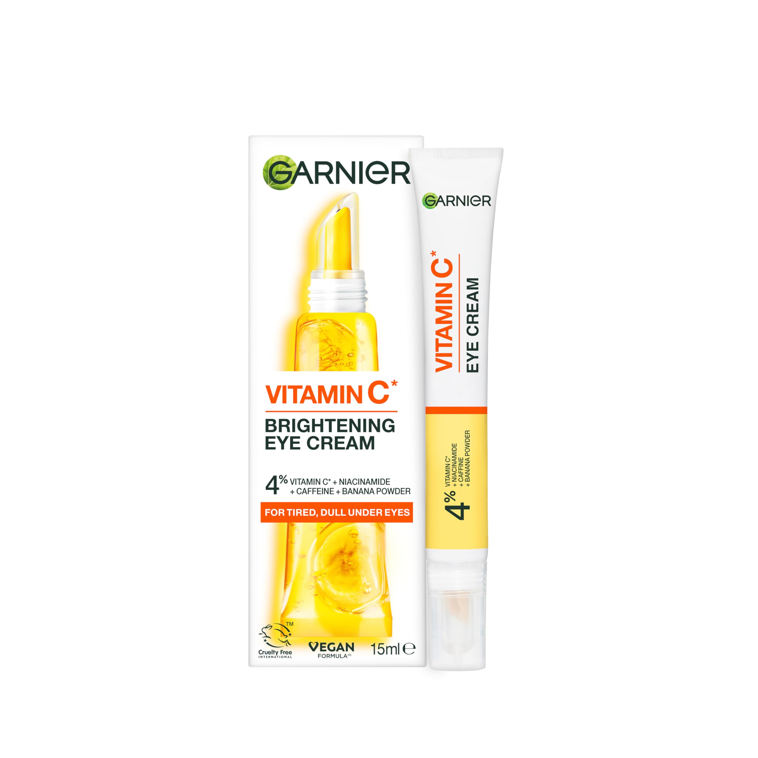 Garnier Vitamin C Eye Cream for Dark Circles, 4% Vitamin C, Niacinamide, Banana Powder, Caffeine, Brightening Eye Treatment For Dark Circles, Under Eye Bags And Puffiness, 15ml