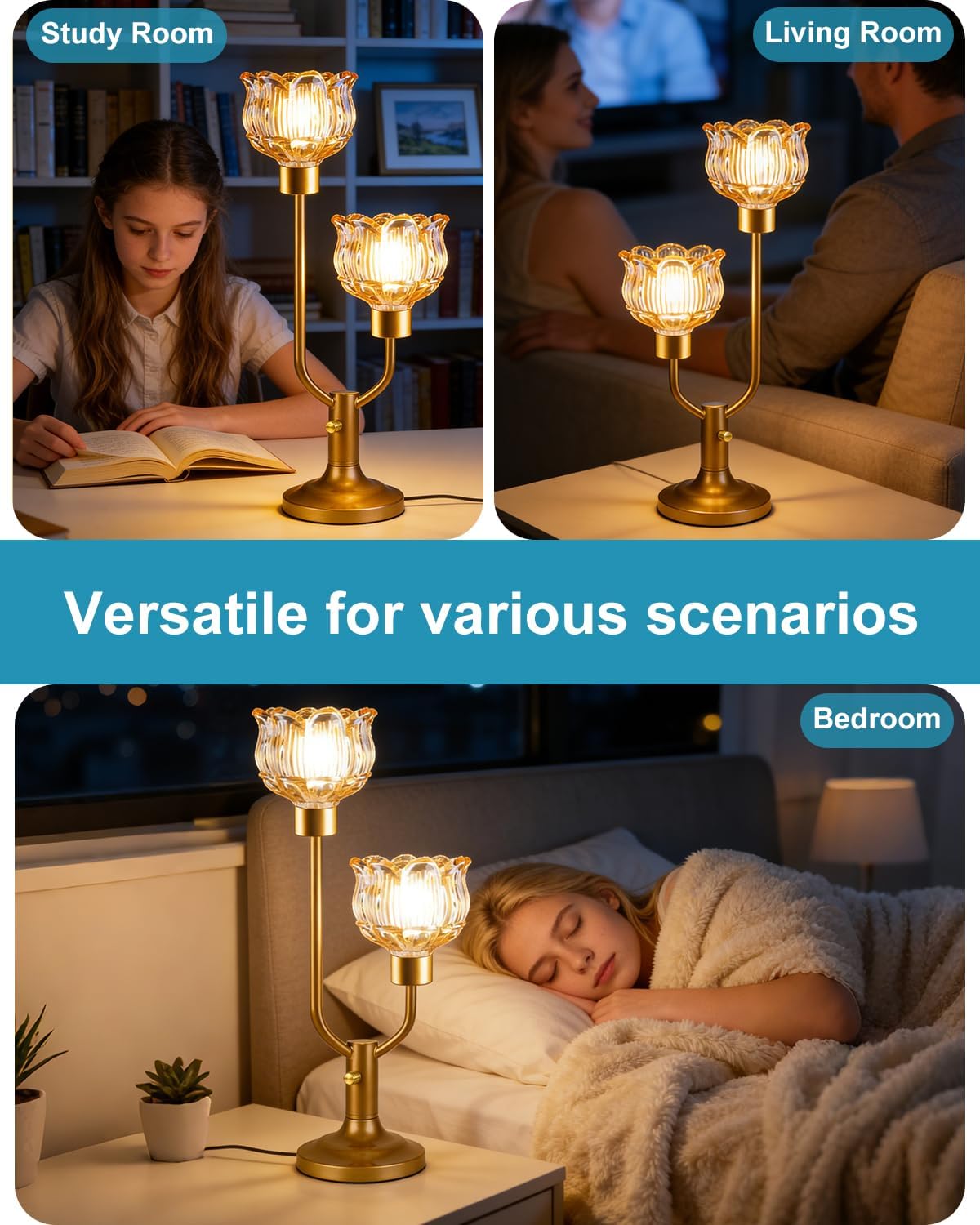 Lightdot Mid Century Modern Glass Table Lamp Dimmable U-Shaped Gold Desk Lamp with Brown Glass Shade& 2Pcs Bulbs Included 3000K Warmwhite Nightstand Lamp for Living Room Bedroom End Table