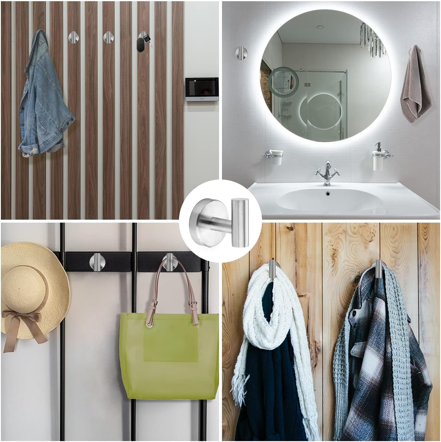 Ravinte Towel Hooks 4 Pack Brushed Nickel Bathroom Towel Hooks SUS 304 Stainless Steel Silver Coat Robe Clothes Holder