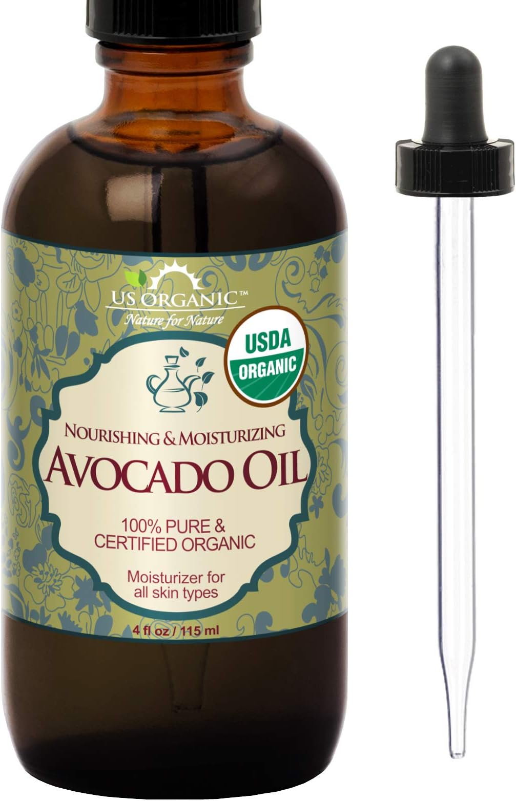 US Organic Avocado Oil, USDA Certified Organic,100% Pure & Natural, Cold Pressed Virgin, Unrefined in Amber Glass Bottle w/Glass Eyedropper for Easy Application (4 oz (115 ml))