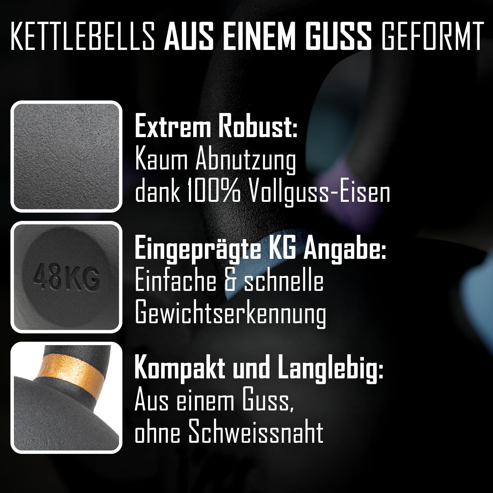 Strength Shop Kettlebell Gusseisen mit ergonomischem Griff (4kg - 64kg), Extrem Robust & Langlebig, Kugelhantel mit Gewichts-Farbmarkierung & Schwarzpulver-Beschichtung, ideal für Ganzkörpertraining