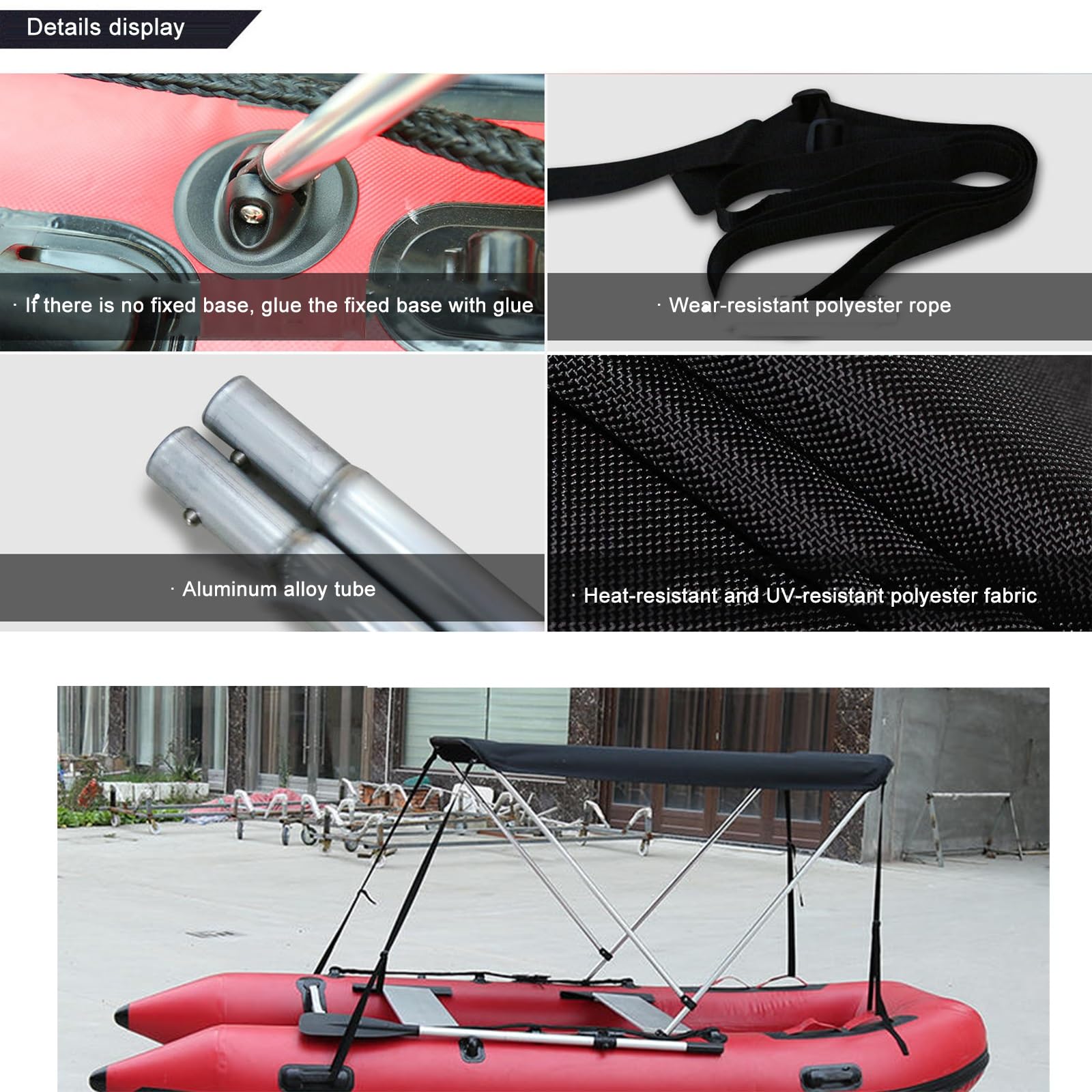 Telo Tendalino Portatile, Parasole, Tendalino per Barca, Tendalino per Barca, Nero, 2 Archi, 155 * 115 * 100 cm, Adatto per Motoscafi Larghezza Compresa tra 1,5 M e 1,75 M