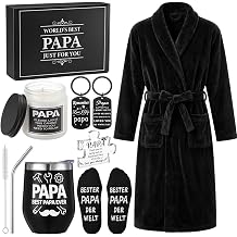 Sieral 6 Pcs Papa Fathers Day Gift Set - Bathrobe, Tumbler, Socks | Gift Set for Dad with Bathrobe, 12oz Tumbler, Socks, Acrylic Plaque, Keychain, Candle, Box for Birthday Celebration