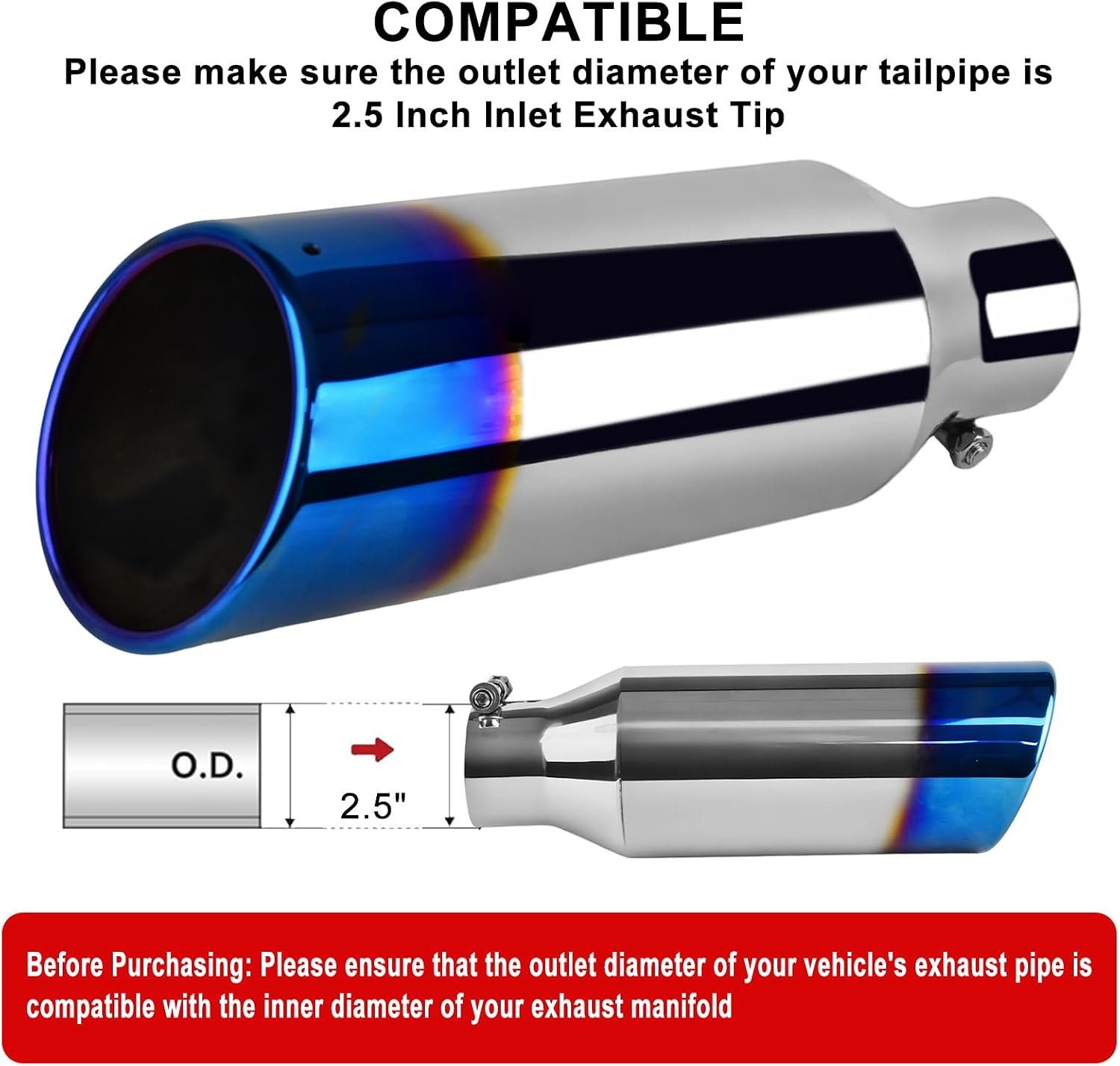 MuHize Exhaust Tip 2.5" Inlet, 4" Outlet 12" Length Exhaust Pipe, Bolt on, Rolled Edge, Stainless Steel Polished, Single Walled Diesel Exhaust Pipe for Pickup Truck, Car, Truck