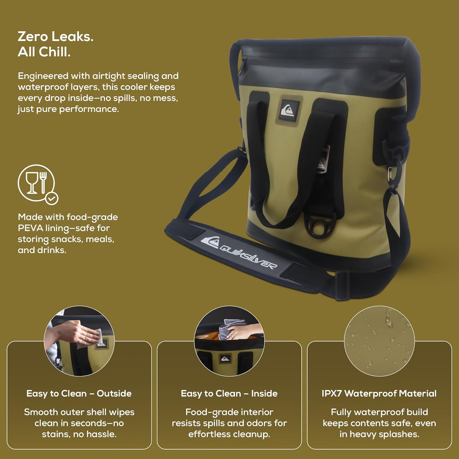 Quiksilver Zipperless Backpack Cooler 30L, Holds 36 Cans, 48 Hour Insulation, Leakproof & Waterproof Design, Heavy Duty TPU, IPX7, Padded Straps, Kangaroo Pockets