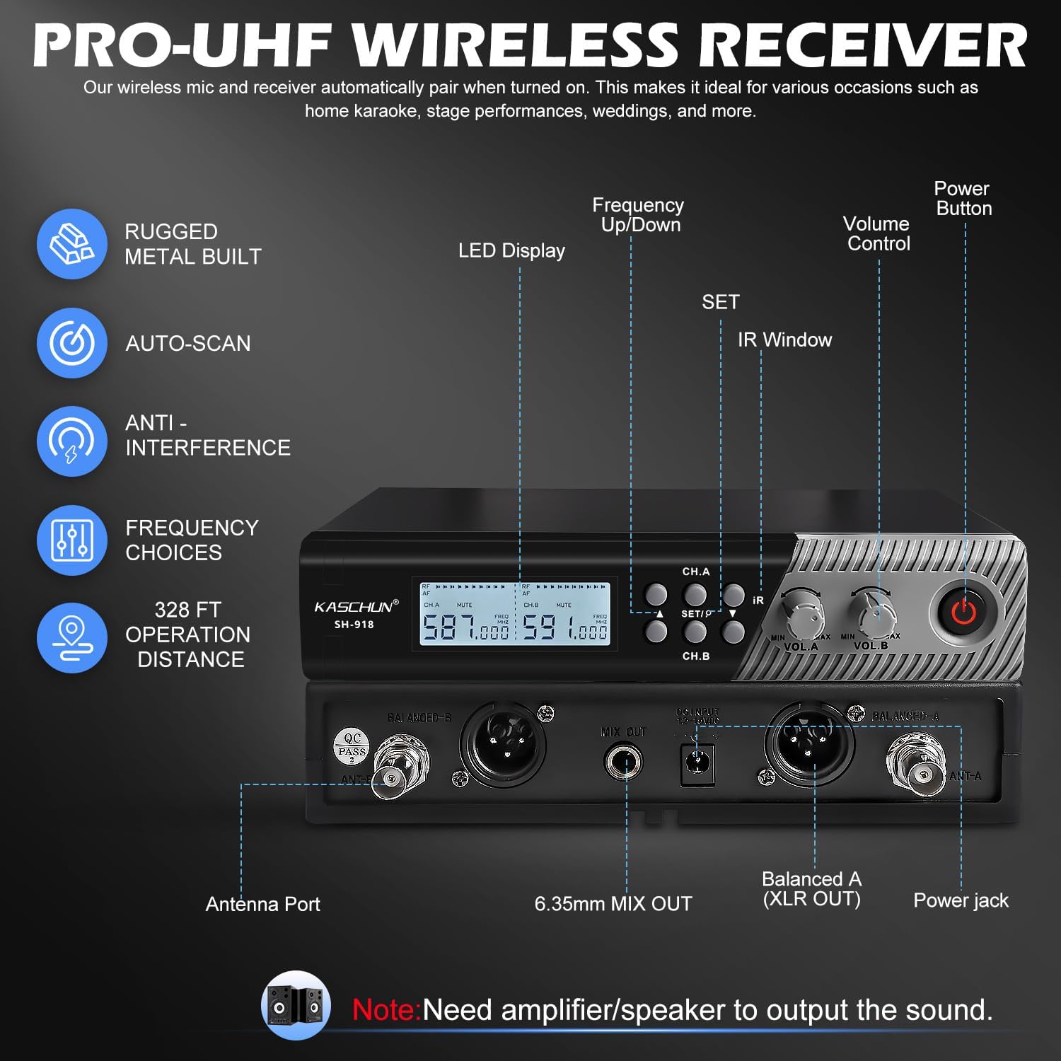 Wireless Microphone System，Cordless Handheld Microfono Inalambrico，328FT UHF Wireless Microphone,Auto Scan Feature，Mics with Stable Signal Transmission，Suitable Church DJ Karaoke Wedding