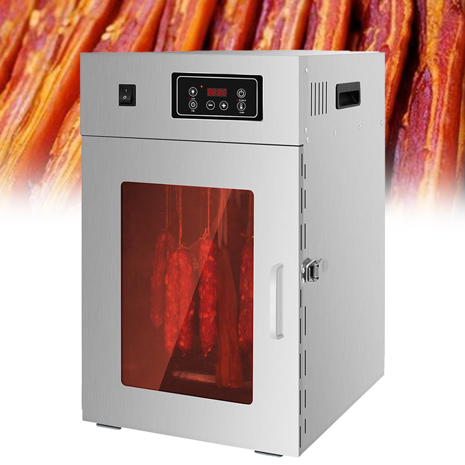 Essiccatore Rotante per Carne in Acciaio Inox, Armadio di Frollatura a Secco da 800 w, Rotazione a 360°, con 14 Ganci, Regolazione 0-90 °C, Essiccazione Tridimensionale