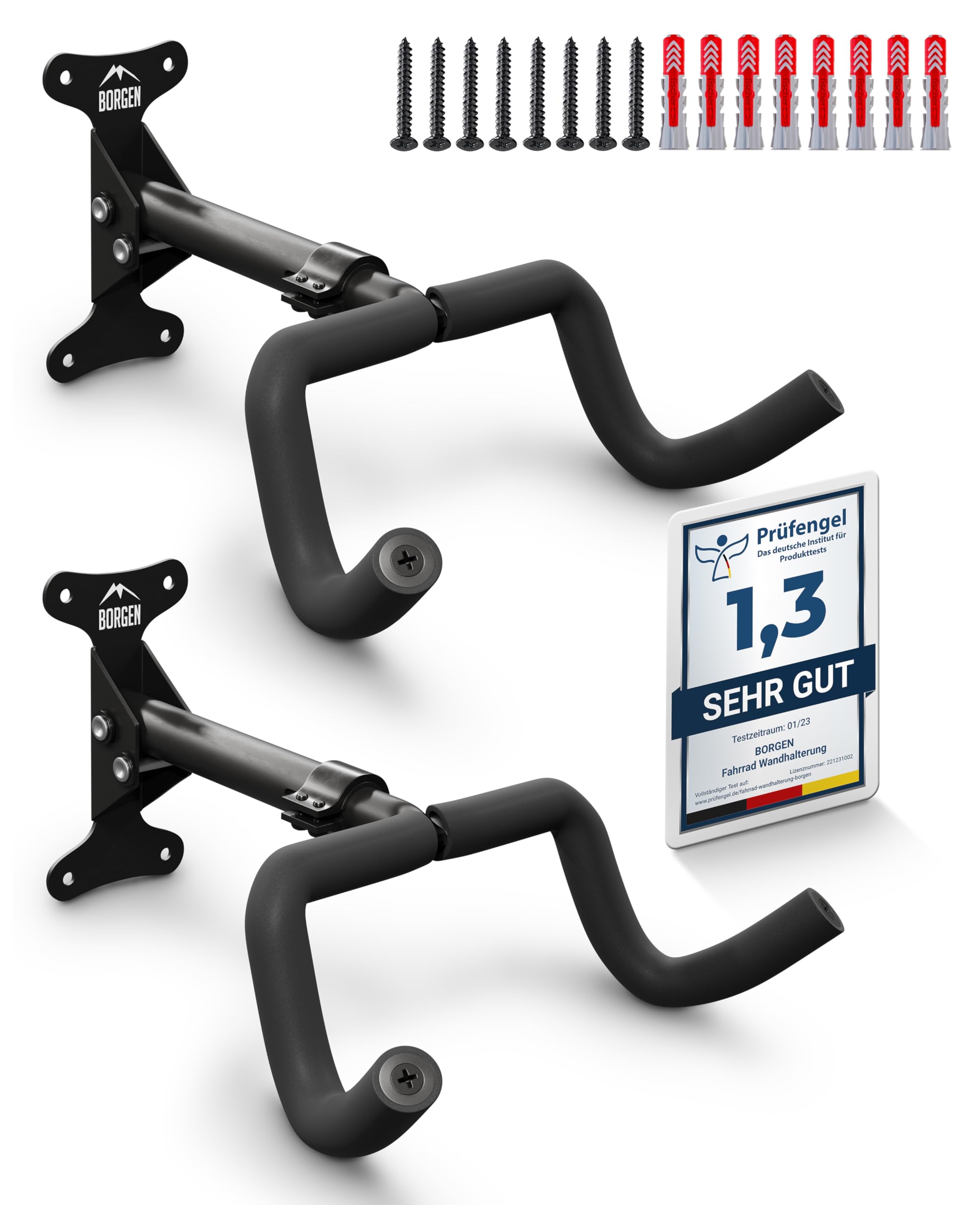 Borgen Fahrrad Wandhalterung klappbar - Fahrradhalterung Wand bis 20kg Tragfähigkeit - Winkel und Wandabstand einstellbar - extra softe Polsterung - Fahrradaufhängung Wand für MTB, Rennrad, E Bike