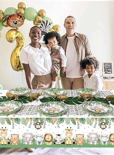 Miniatura 7 de Juego de servilletas y mantel con diseño de safari de selva para baby shower, platos para niños, para 25 personas, temática de animales de la selva,