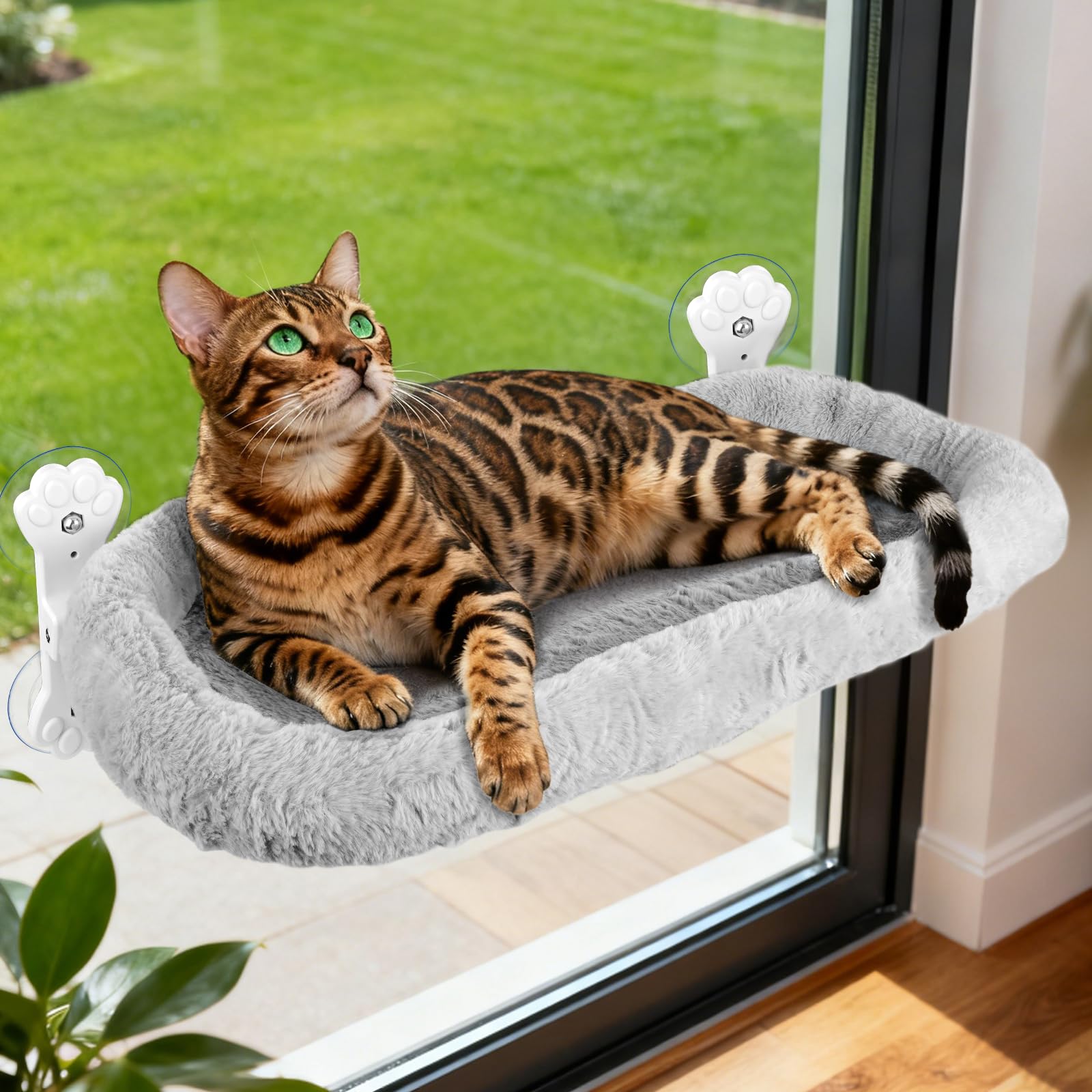 Hamac Chat Fenetre, Hamac pour Chat 60 x 30 cm, Ventouses Puissantes, Peu Encombrante, Charge Maximale 18 kg (Gris)