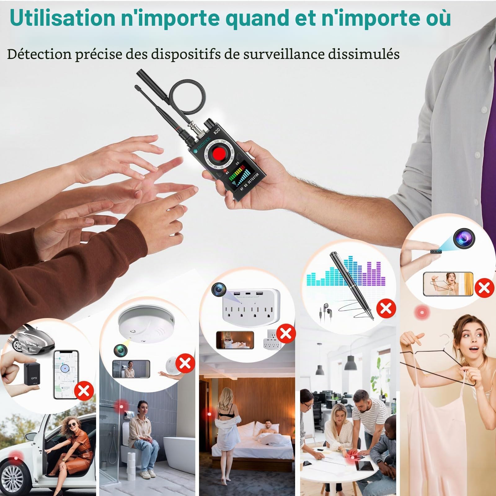 JMDHKK Détecteur de Caméras Espionnes, Détecteur de Micro Espion, GPS et Caméra pour Hôtels, Voyages, Voitures, Maison