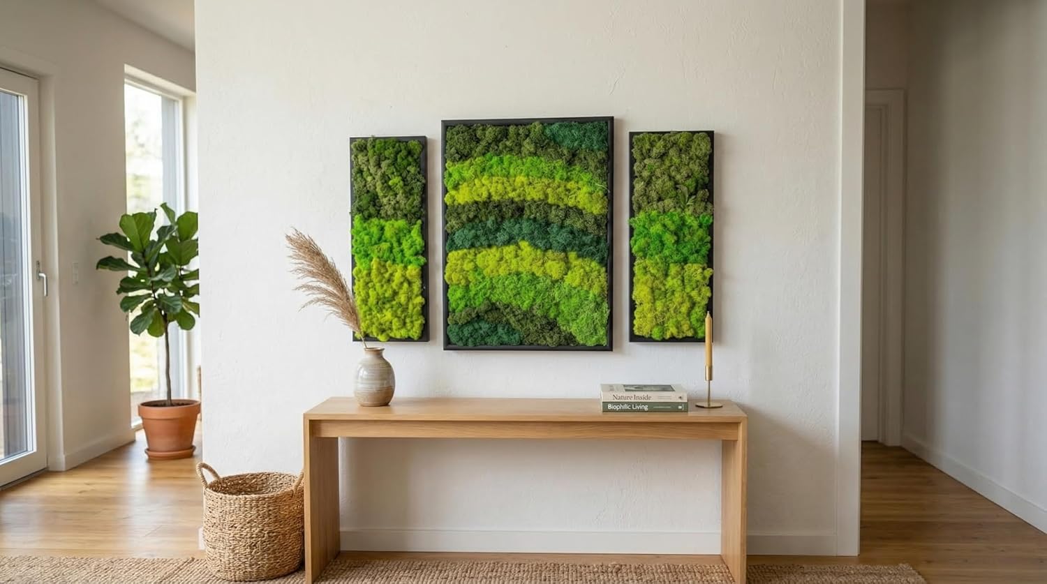 lagom, Green Wall Art Moss, Preserved Moss, Large Wall Art, Handcrafted Home Decor, Natural Wood Framed, Set of 3, Black Frame (WAVE DANCE-BLACK FRAME, 1)