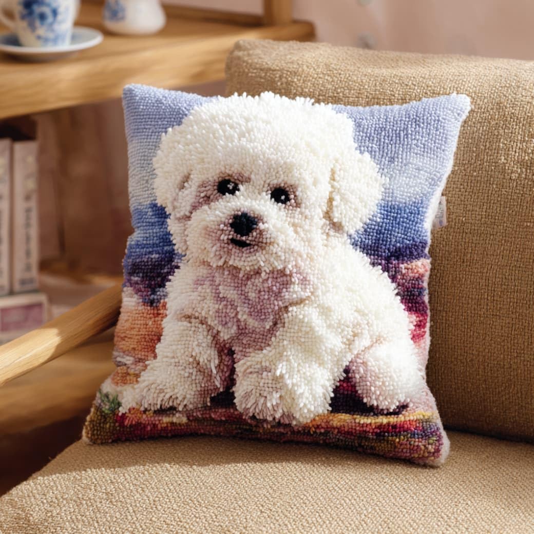 Henypt Latch Hook Cushion Kit 43x43cm,Cute Bichon Frise DIY Pillow Cover for Sofa Bedroom,Beginner Friendly Craft Set with Pre-Printed Canvas