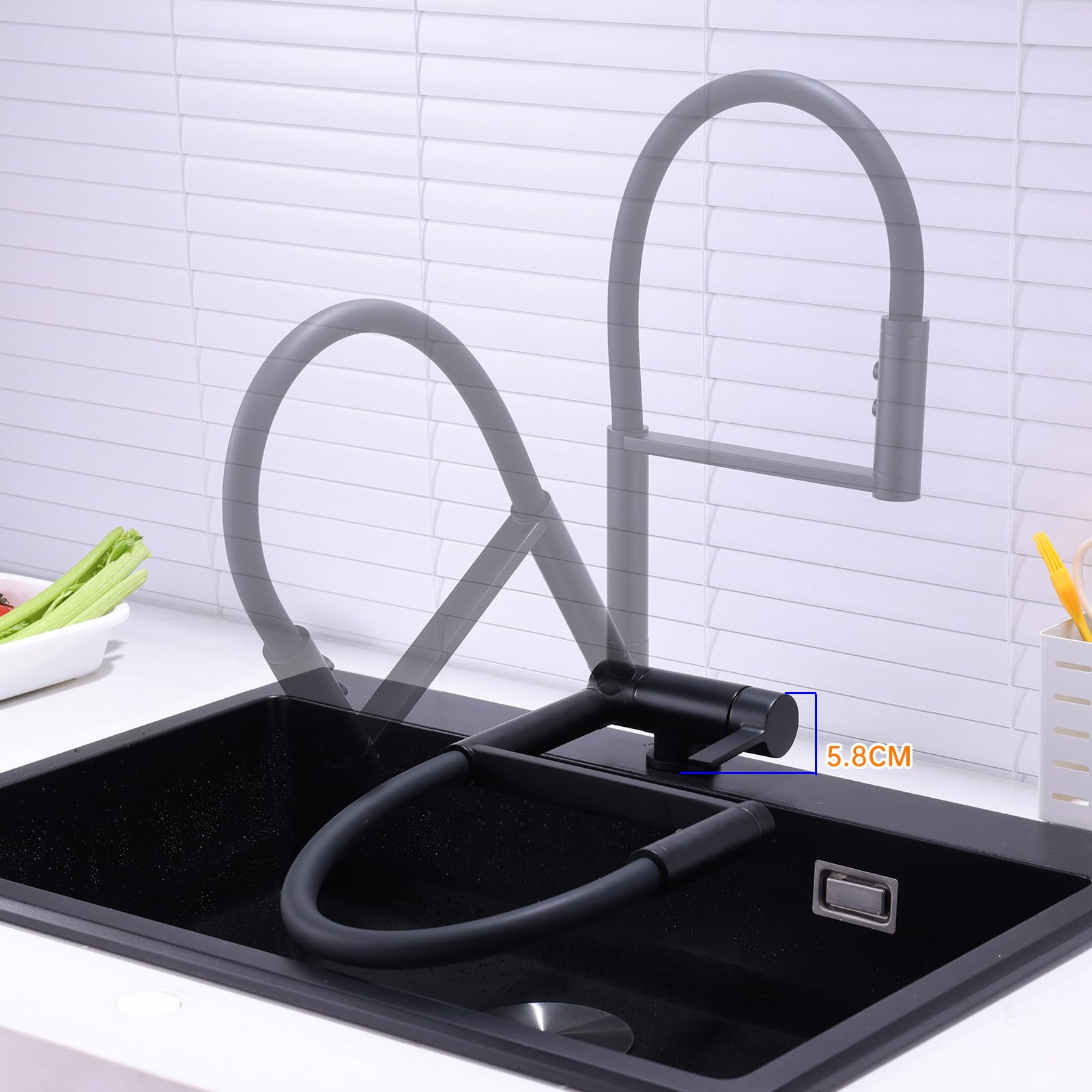 Grifo Cocina Abatible Negro Grifo de Cocina Fregadero Monomando Extraible Giratorio 360° Grifo Flexible Cocina