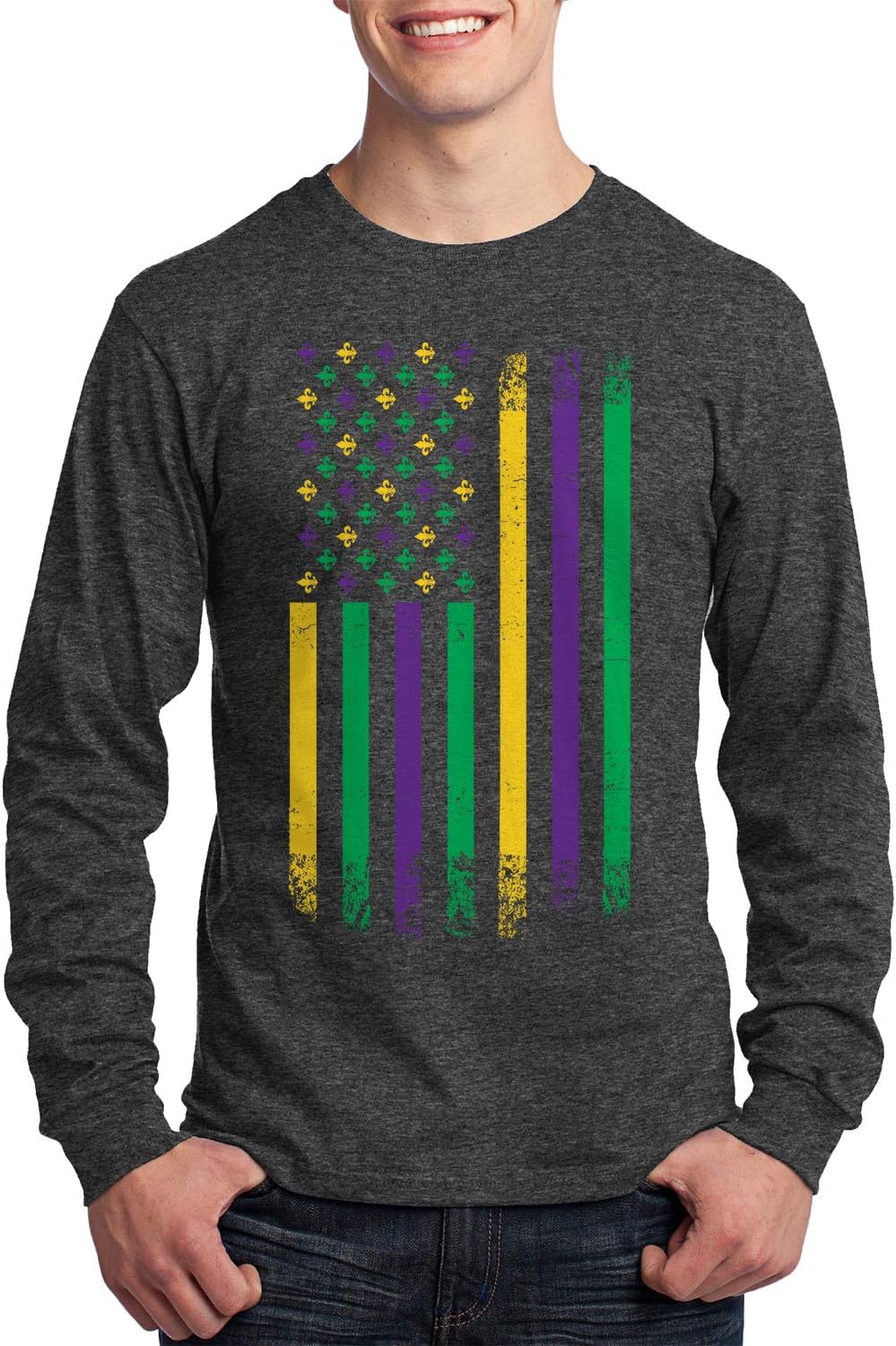 Threadrock Men's Mardi Gras American Flag Long Sleeve T-Shirt