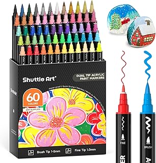 Shuttle Art 60 Colors Dual Tip Acrylic Paint Markers, Brush Tip and Fine Tip Acrylic Paint Pens for Rock Painting, Ceramic, Wood, Canvas, Plastic, Glass, Stone, Calligraphy, Card Making, DIY Crafts