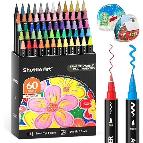 Shuttle Art 60 Colors Dual Tip Acrylic Paint Markers, Brush Tip and Fine Tip Acrylic Paint Pens for Rock Painting, Ceramic, Wood, Canvas, Plastic, Glass, Stone, Calligraphy, Card Making, DIY Crafts