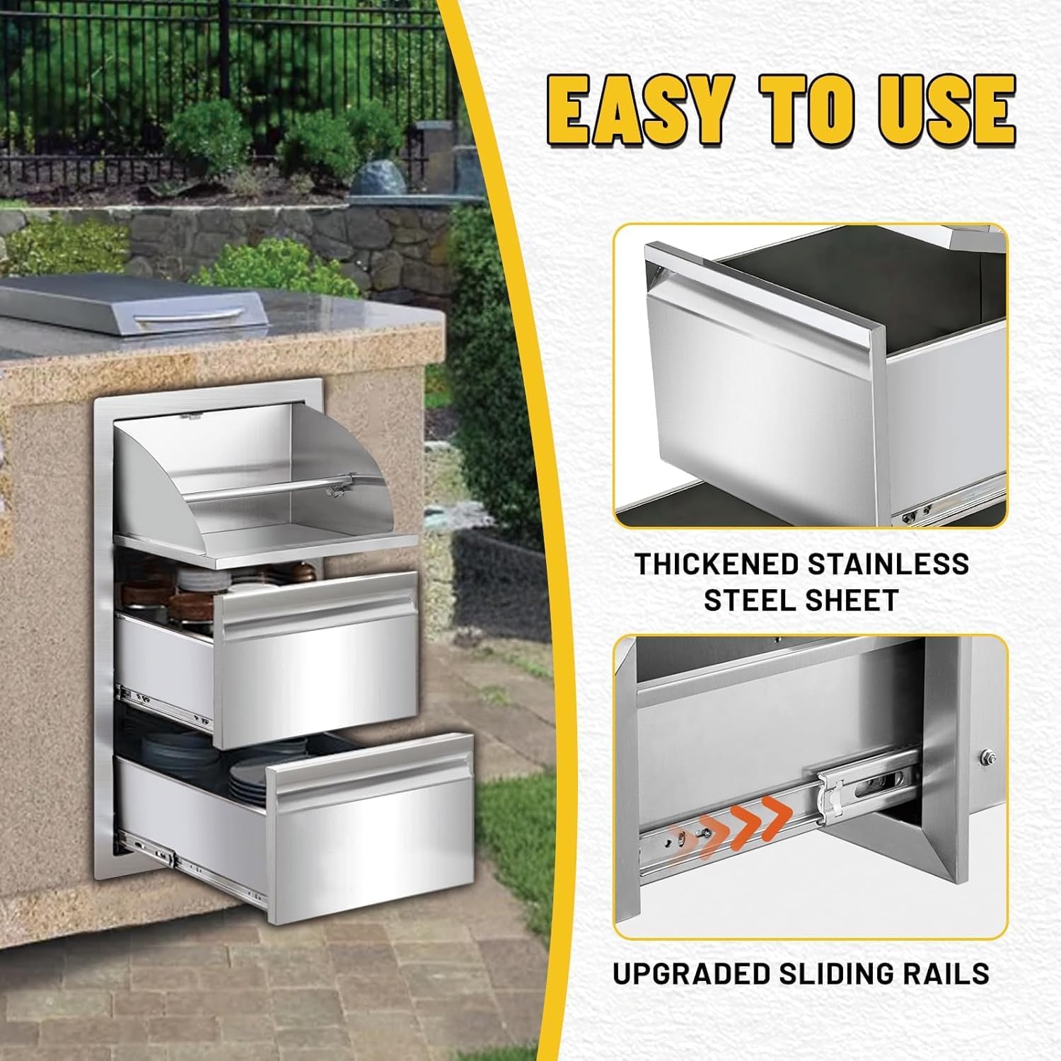 Outdoor Kitchen Drawer, Stainless Steel Tilting Paper Towel Holder Drawer Plus Double Drawers Combination, 17W 30H 21D Double Wall Outdoor Kitchen Drawers