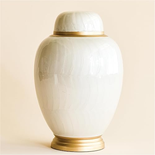 AspenStudio White Pearl Cremation Urn in Oval Shape for Human Cremation Ashes Handcrafted Funeral Memorial Urn