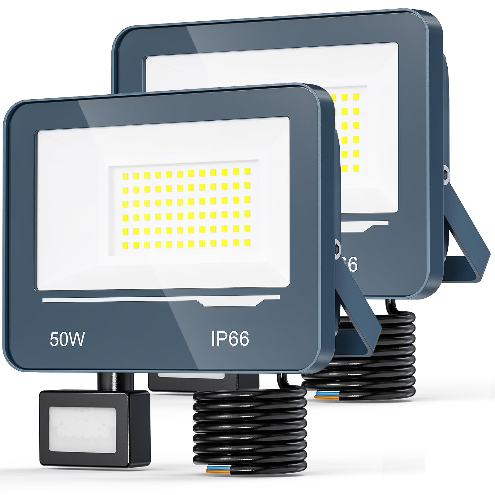 Faro LED Esterno con Sensore Movimento 50W 5000LM - IP66 6500K Faro a Faretto LED da Esterno con Sensore di Movimento per Giardino Patio (2 Pezzi)