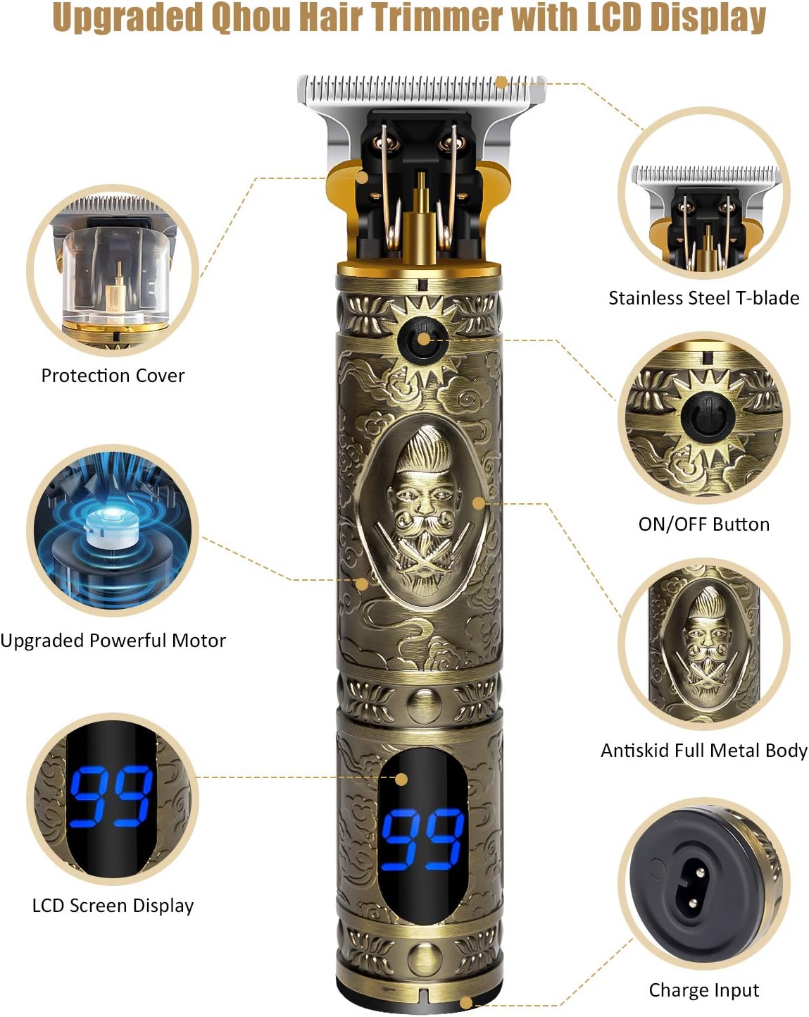 Qhou Upgraded T Blade Hair Trimmer for Men, Cordless Electric Hair Clippers, Zero Gapped Detail Barbershop Beard Shaver Rechargeable Hair Clippers with Limit Combs Guards & LED Display - Bronze
