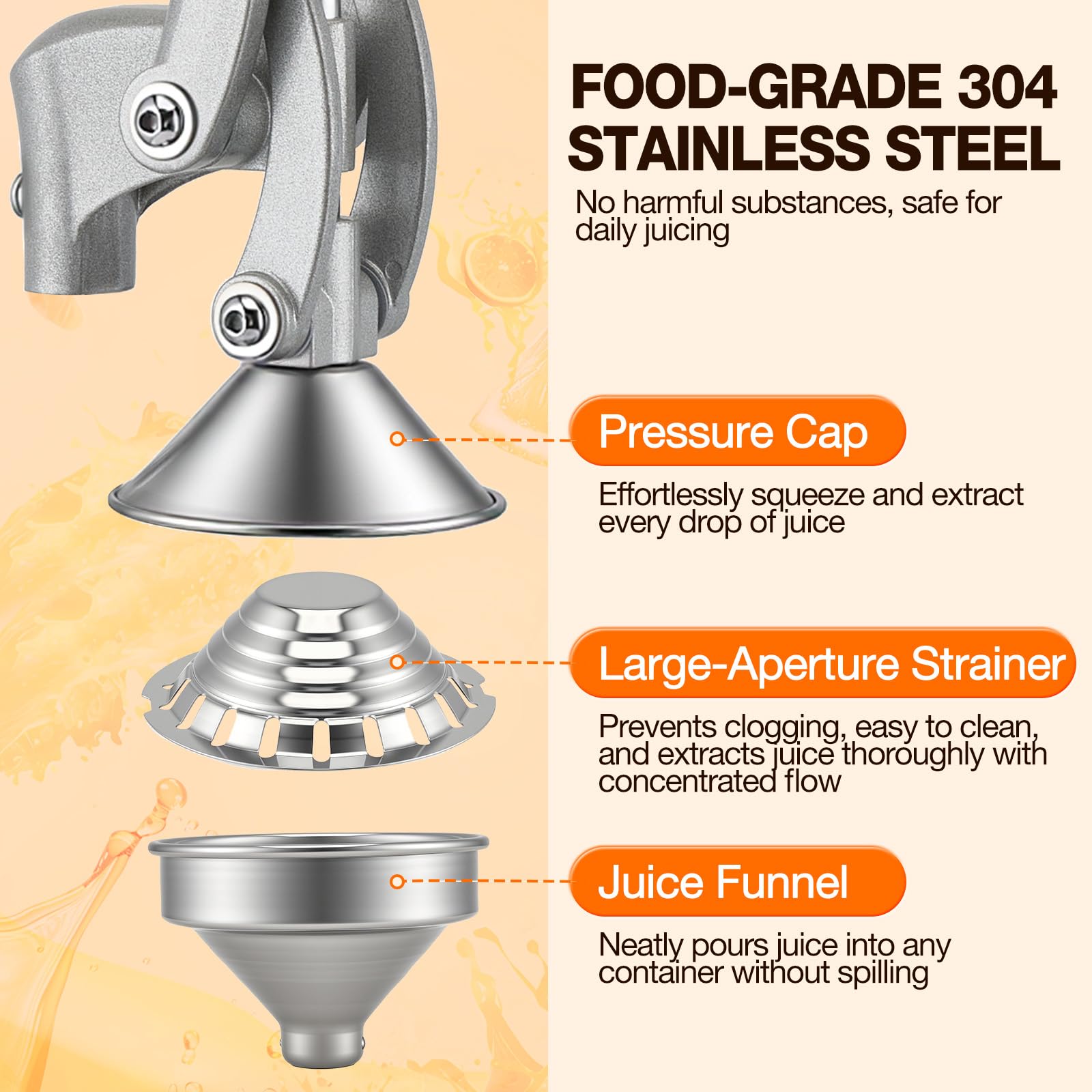 Saftpresse Manuell Profi, Zitruspresse mit Hebel für Orangen Zitronen Grapefruit, Gastro Qualität Aluminium Edelstahl, kraftsparende Fruchtpresse ohne Strom inklusive 500ml Messbecher