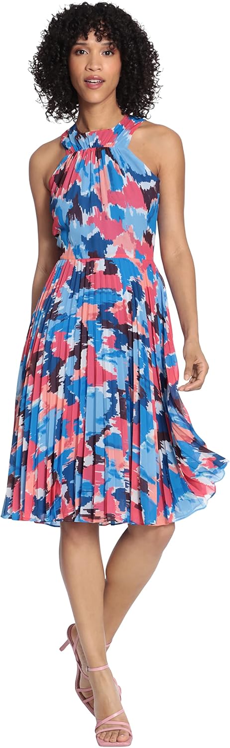 Maggy London Women's Halter Neck Dress with Pleated Skirt
