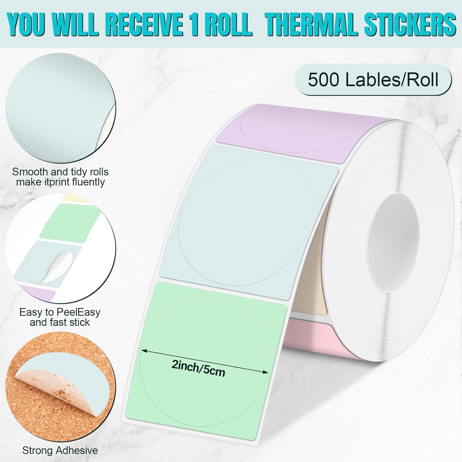 Ctosree 500 Pcs/ 1 Roll Thermal Sticker Labels Self Adhesive Direct Thermal Labels Multipurpose Printer Stickers for DIY, Name Tag(Round,2 Inches,Macaron Gradient Color) - Image 2