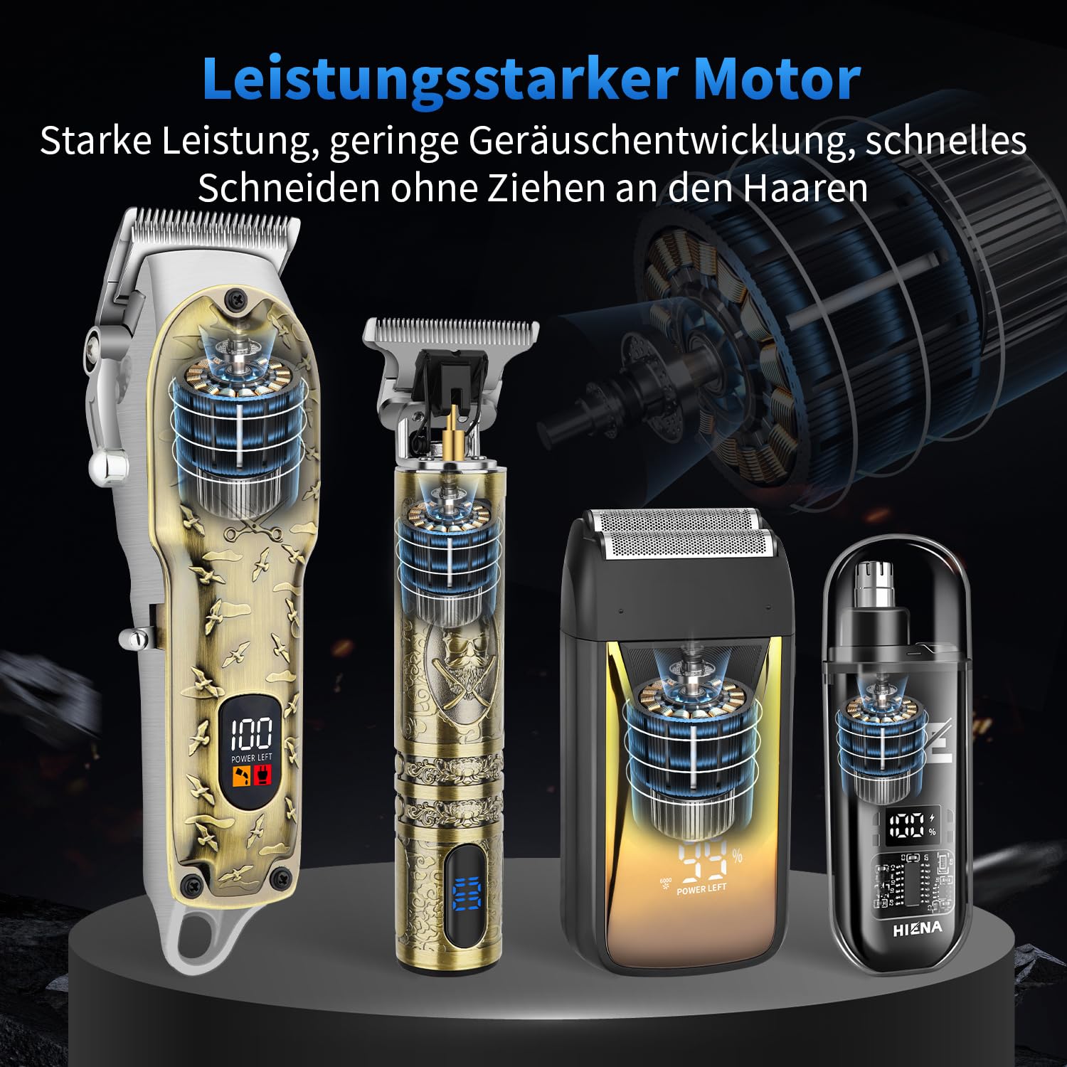 HIENA PRO Profi Haarschneidemaschine für Herren, Schnurloser Haarschneider Bartschneider Folienrasierer Nasentrimmer Set, USB Wiederaufladbares Komplettset Elektrisches Haarschneide-Kit