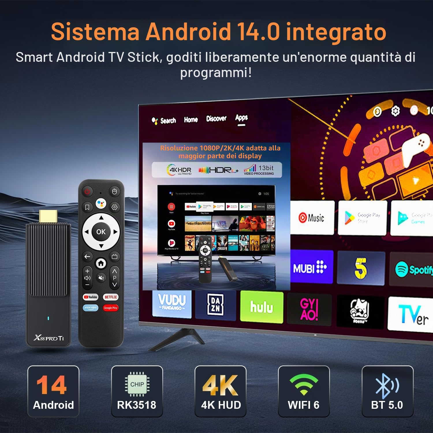 Android 14.0 TV Stick Ultima Versione 2026 4K Ultra HD TV Stick Box 2 GB RAM 16 GB ROM RK3518 CPU Supporta WiFi 6 BT 5.0 2,4/5 GHz, HDR10 Smart Streaming Media Player con Telecomando Vocale Assistente
